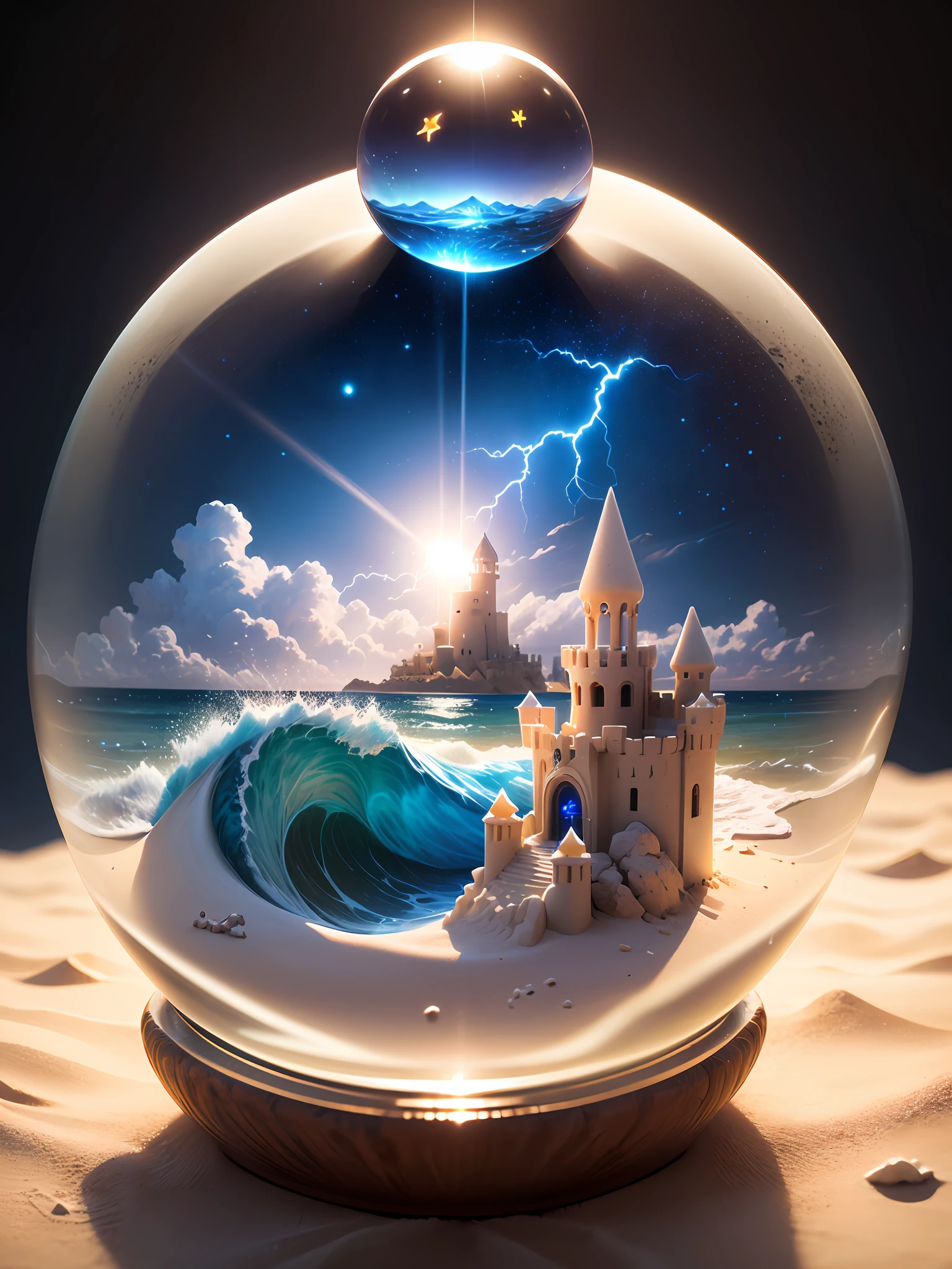 Ultra-realistic, 16K high resolution, (Max Sharp Focus: 1.3), (Max Close-up: 1.5), (Sand Castle trapped in a crystal perfect ball with pedestal on table: 1.7), (Blue Wave, White Sand, Lightning, Milky Way: 1.5), (Backlight: 1.3)