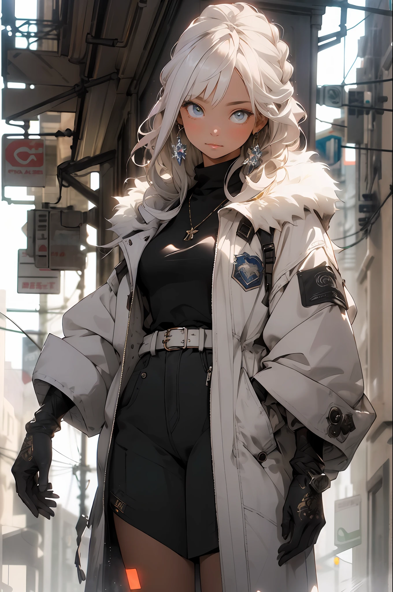 Realistic, (masterpiece, top quality, best quality, official art,), very detailed, most detailed, (1girl:1.6), ((full body portrait))), gods, ((white dirty braided hairstyle)), mysterious, pistol, military elements, beautiful European and American black skin woman, delicate facial features, ((fashion design trend elements)), fur coat, accessories, earrings, early morning ambient light, granules, luminous paint, flares