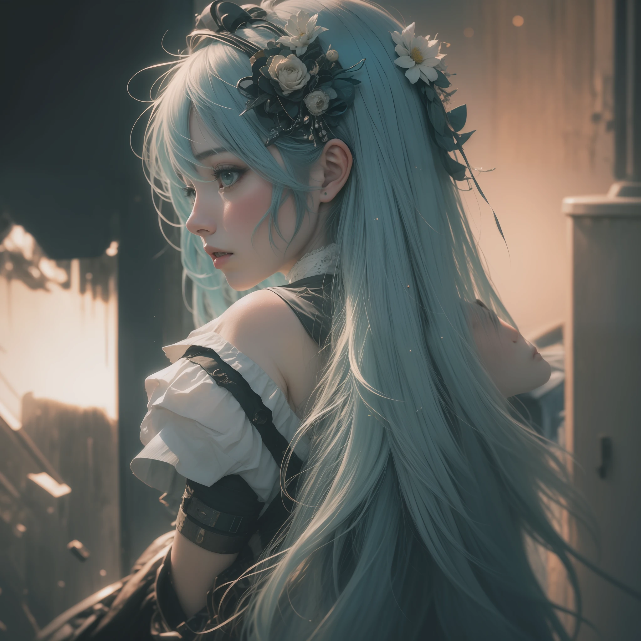 Hatsune Miku, ((hyper detail)) (Real: 1.5), (Raw photo: 1.4), (Photorealistic: 1.3), (Masterpiece), highest quality, highest quality, highly detailed CG Unity 8k wallpaper, detailed and complex, back view, original, miracle witch, turbulent space, flower, high resolution, :( detail face: 1.2): 0.2], film grain, (high detail skin: 0.9), 8k, detailed gradient background