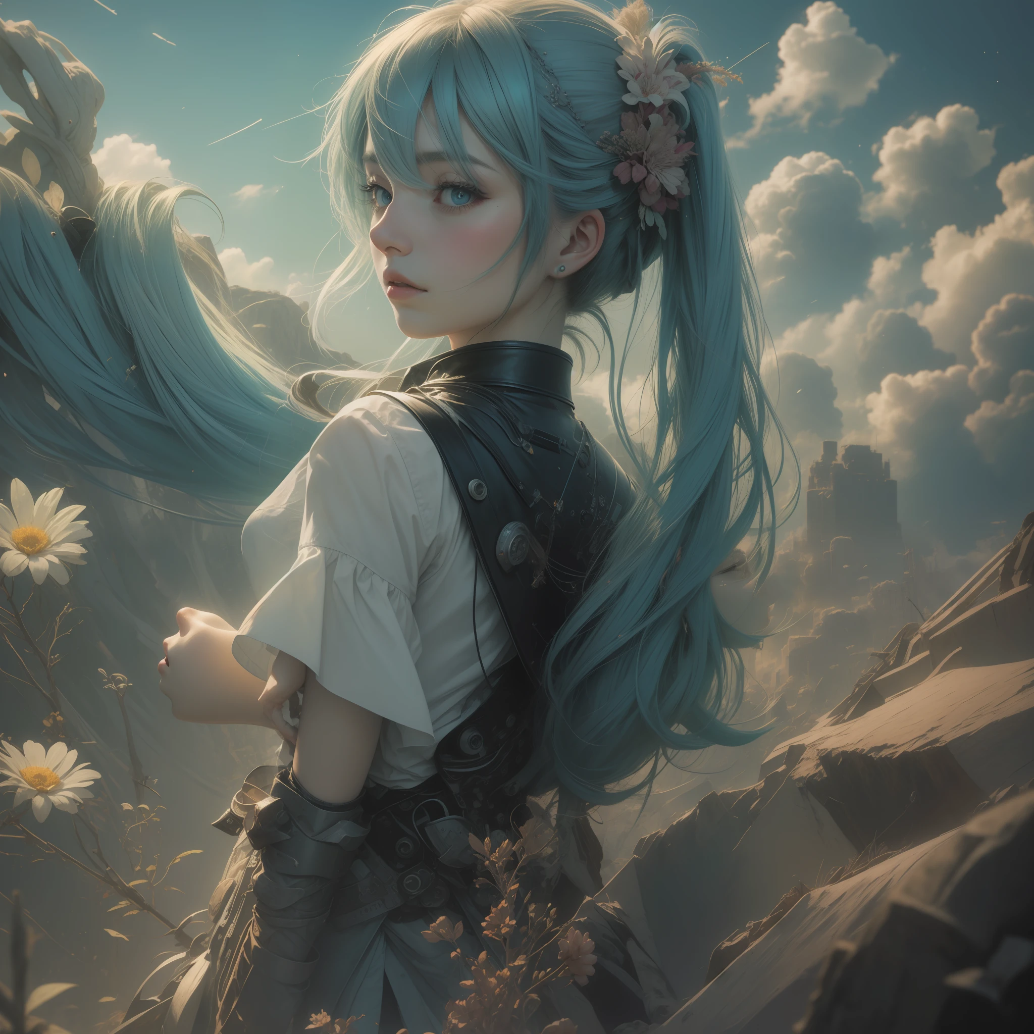 Hatsune Miku, ((hyper detail)) (Real: 1.5), (Raw photo: 1.4), (Photorealistic: 1.3), (Masterpiece), highest quality, highest quality, highly detailed CG Unity 8k wallpaper, detailed and complex, back view, original, miracle witch, turbulent space, flower, high resolution, :( detail face: 1.2): 0.2], film grain, (high detail skin: 0.9), 8k, detailed gradient background