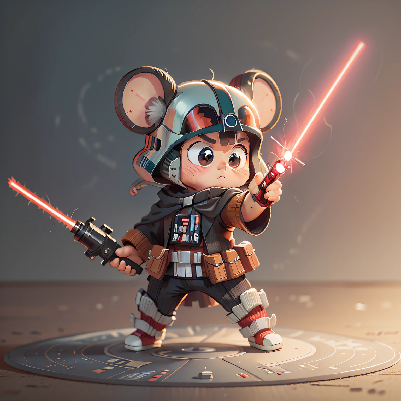 chibi, mouse, cute, darth vader starwars, action pose, bold, holding with two hands a red lightsaber, bigbadejo, full body, masterpiece, 3D Rendering, Best Quality, Lots of Detail, (plain background), vinyl toy figurine