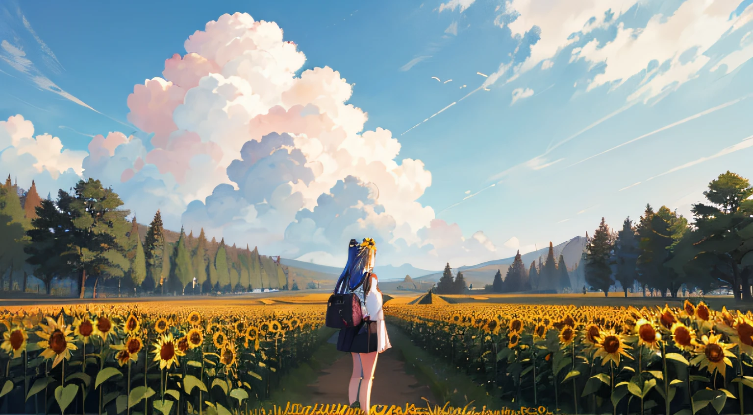 anime girl with sunflowers in her hair standing in a field, beautiful sunflower anime girl, beautiful anime art style, anime visual of a cute girl, digital anime illustration, scene : sunflower field, scene: sunflower field, detailed digital anime art, anime style illustration, trending on artstation pixiv, high quality anime artstyle, anime illustration, beautiful anime artwork