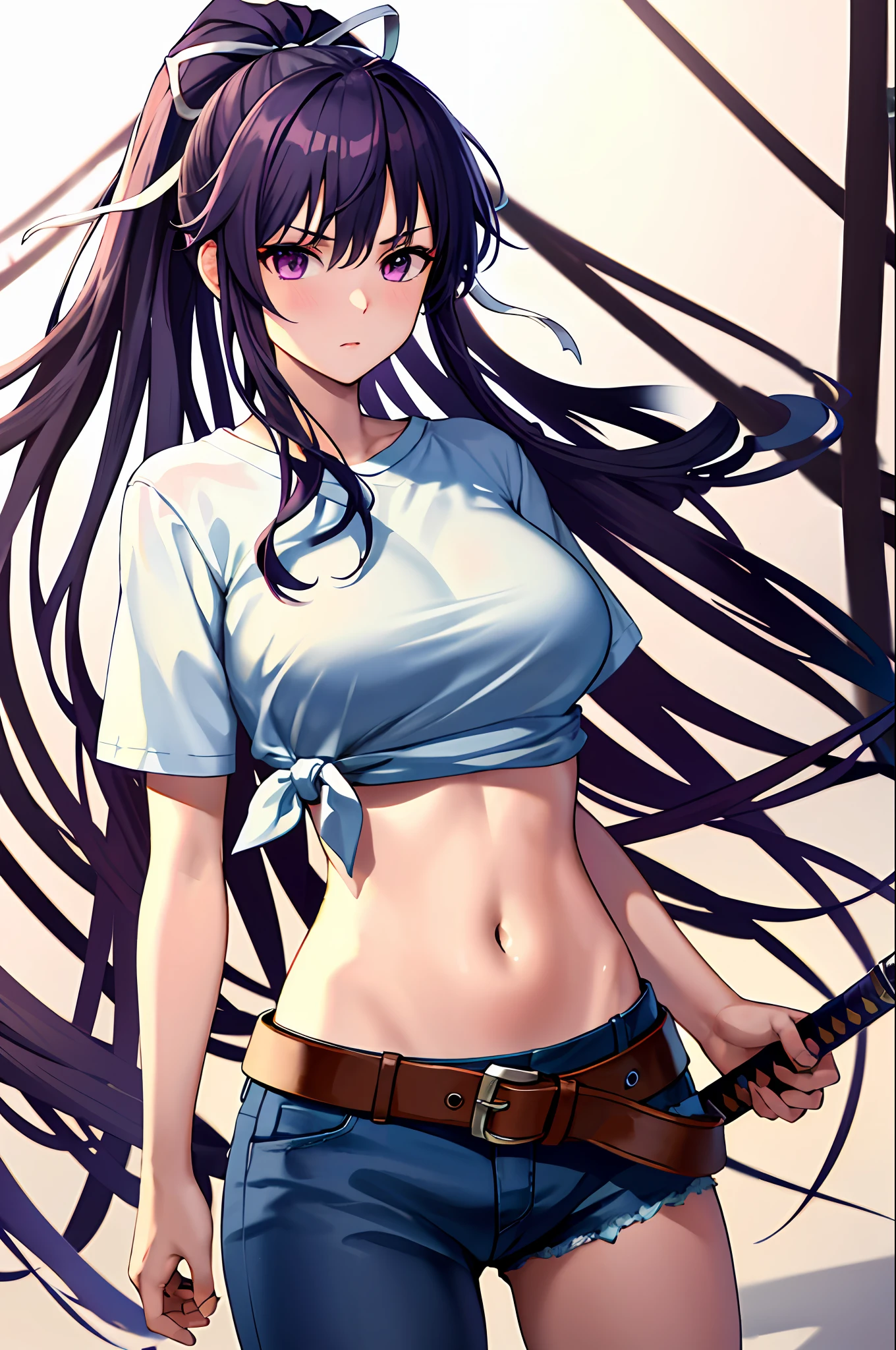 masterpiece, best quality, highres, 1girl, solo, sheathed, asymmetrical clothes, navel, purple eyes, very long hair, tied shirt, midriff, hair ribbon, single pantsleg, white shirt, ponytail, black hair, large breasts, jeans, white ribbon, brown belt, purple hair, asymmetrical legwear, outdoors, cowboy shot, sword, weapon,