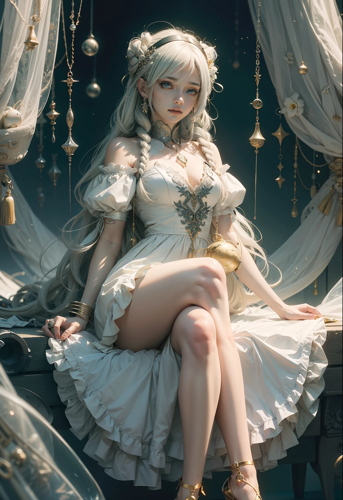 hatsuneMiku、(ultra Realistic), (An illustration), (Highres), (8K), (muito detalhado), (the best illustration), (Beautiful Detailed Eyes), (beste Quality), (Super Detailed), (Master peace、), (Wallpapers), (Detailed Face), solo、、、、、, 1人の女の子, Aristocratic dresses、White hair, Iris heterochromatic eyes, small moles under eye, medium chest, Long legs、Stunning composition、Foot braids、Beautiful and detailed legs