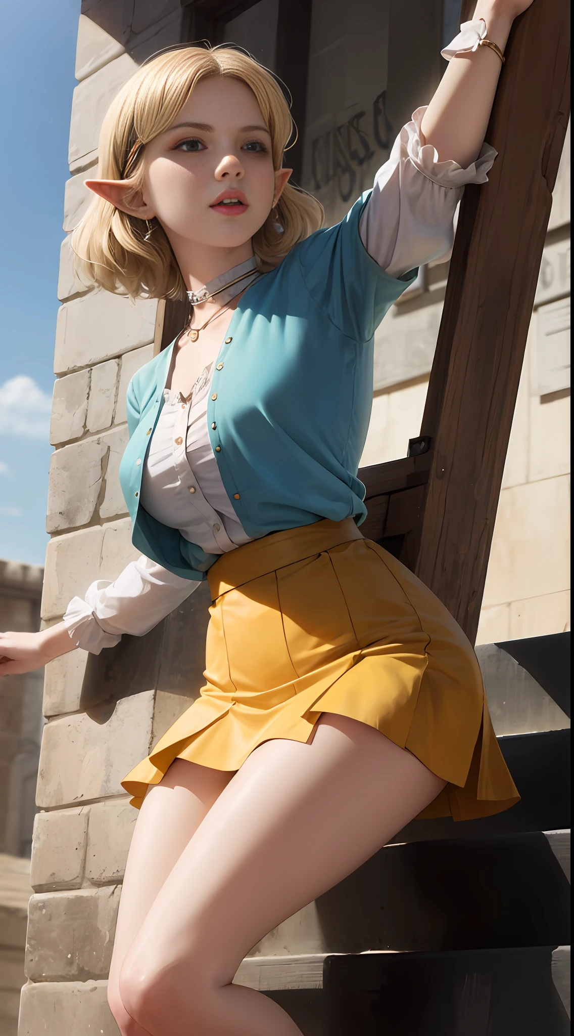 Short blonde haired woman, sexy, mini skirt, climbing stairs, on her back. Blue blouse, fantasy, medieval, anime, nintendo, botw, princess zelda. NSFW --auto