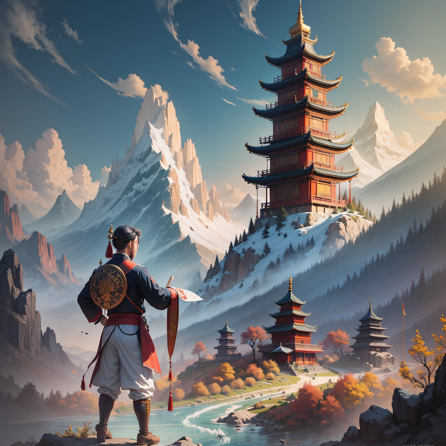 A small monk, walking through the rain, passing against the backdrop of high mountains and Buddhist temples. --auto