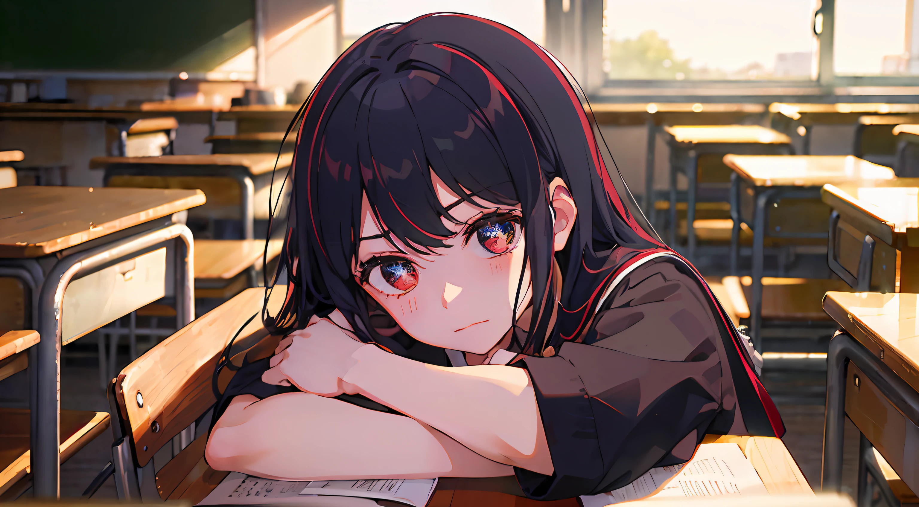 (Dusk), empty classroom after school, classroom scene, sunlight shining in through the window, (a lazy girl lying on her desk, looking at the audience, Faint smile: 1.3), solo, hair ornament on left, (half-off JK school uniform), summer short-sleeved school uniform, (red eyes, stars in eyes), classroom, (desk), curtains, windows, front, fantasy, (large classroom: 1.2) (big scene), mid-range end, cowboy lens, (rich color) (best quality: 1.2), master work, (high precision: 1.1), 8k resolution, (rich detail), delicate, clear background, noise reduction, complex details, super detailed, very detailed, complex, small details, CG, fresh