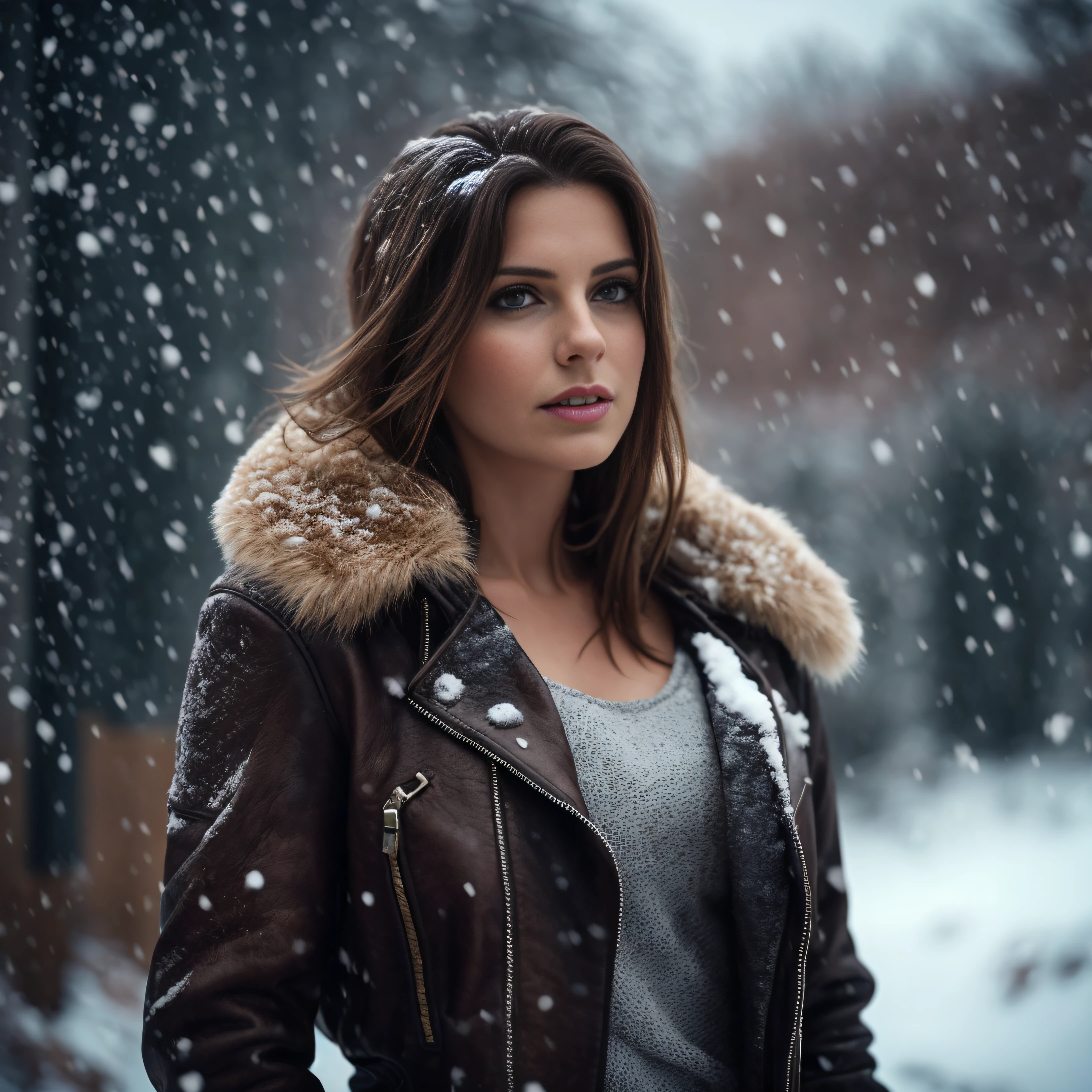 arafed woman in a leather jacket and fur collar in the snow, photography portrait 4 k, in the snow, winter snow, 60mm portrait, snowy weather, in snow, snow fall, 7 0 mm portrait, 50mm portrait, cold snow outside, cold snowy, portrait photography 4 k, snowing outside, high quality portrait, cinematic portrait --auto
