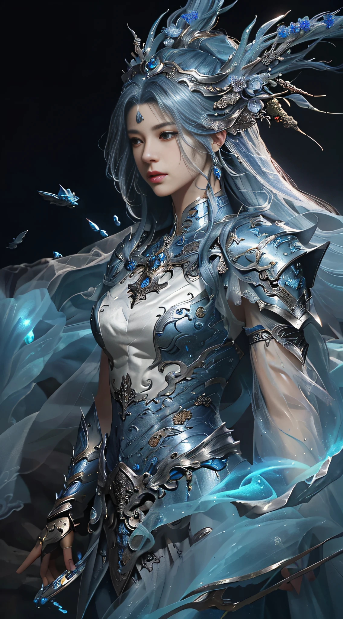 a close up of a woman in a silver and blue dress, chengwei pan on artstation, by Yang J, detailed fantasy art, stunning character art, fanart best artstation, epic exquisite character art, beautiful armor, extremely detailed artgerm, detailed digital anime art, artgerm on artstation pixiv, armor girl