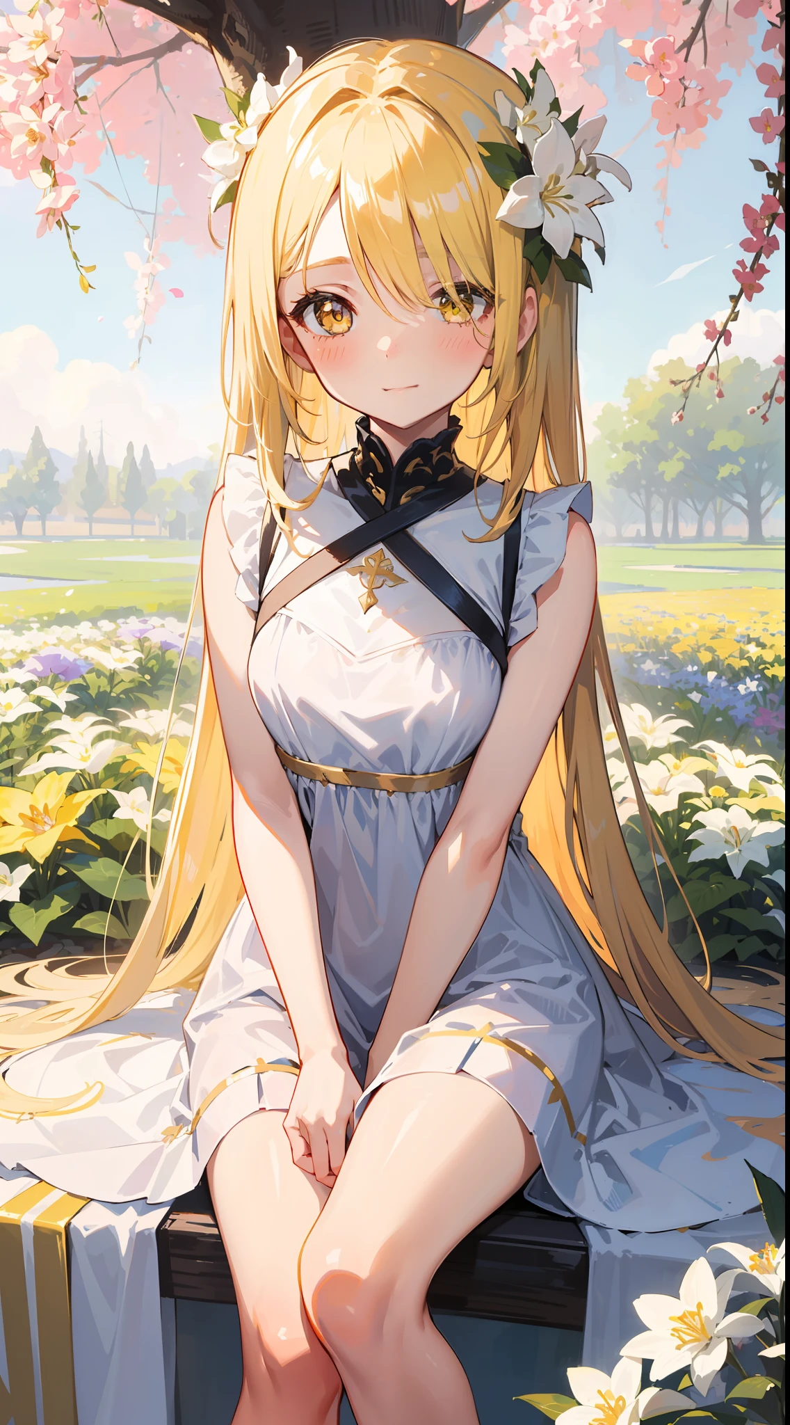 1loli, light-yellow long hair with flowery decoration, golden eyes and winked one eyes, wear white beautiful dress decoration with flower, very beautiful like an angel, amazing flower garden scenery, sitting on the full of white flower around her, she so beautiful and little bit blush under tree of life