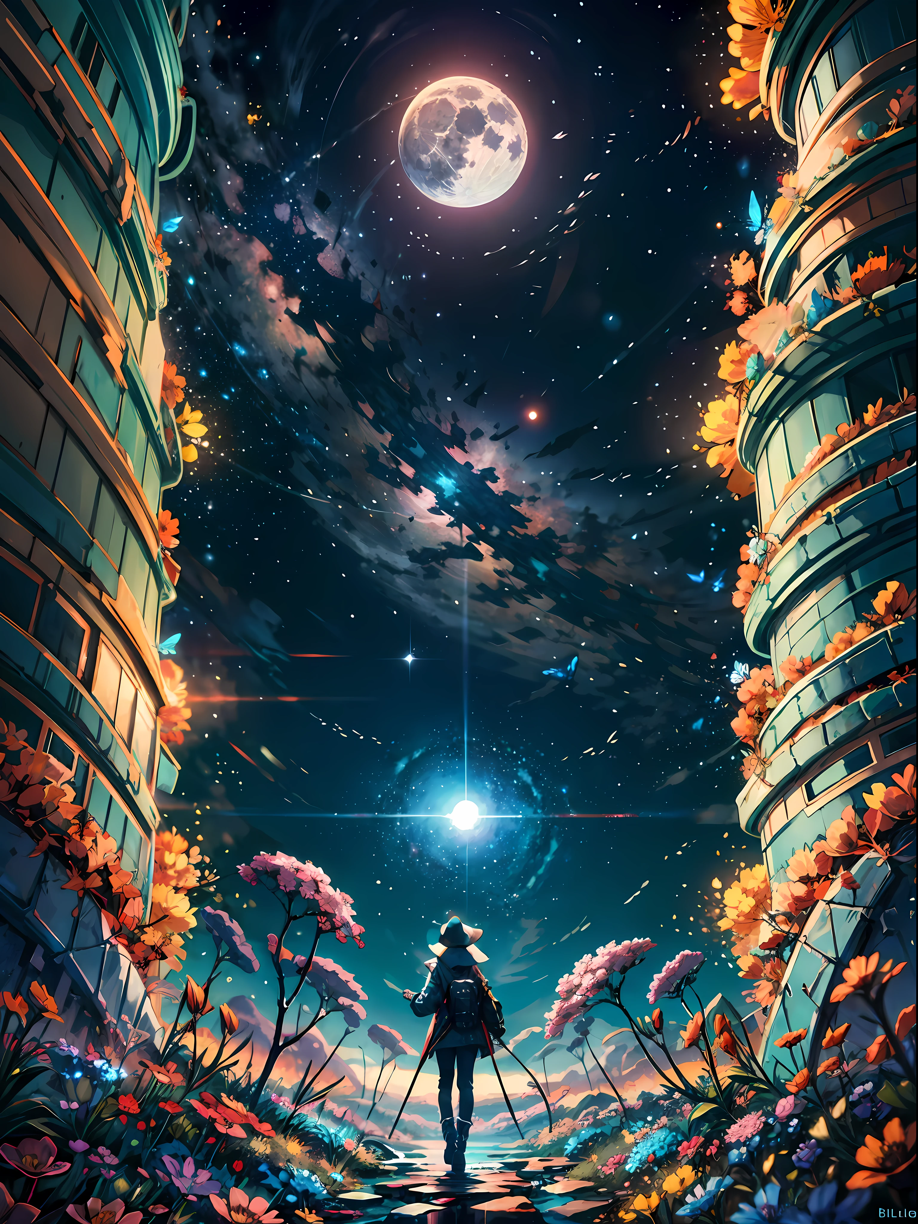 full moon night, starry sky, shooting stars, a girl standing on a sea of colorful flowers, looking up the sky, turn back to viewers,look at the moon,from behind butterfly, fireflies, (girl focus:0.7) BREAK,Detailed,Realistic,4k highly detailed digital art,octane render, bioluminescent, BREAK 8K resolution concept art, realism,by Mappa studios,masterpiece,best quality,official art,illustration,ligne claire,(cool_color),perfect composition,absurdres, fantasy,focused, rule of thirds