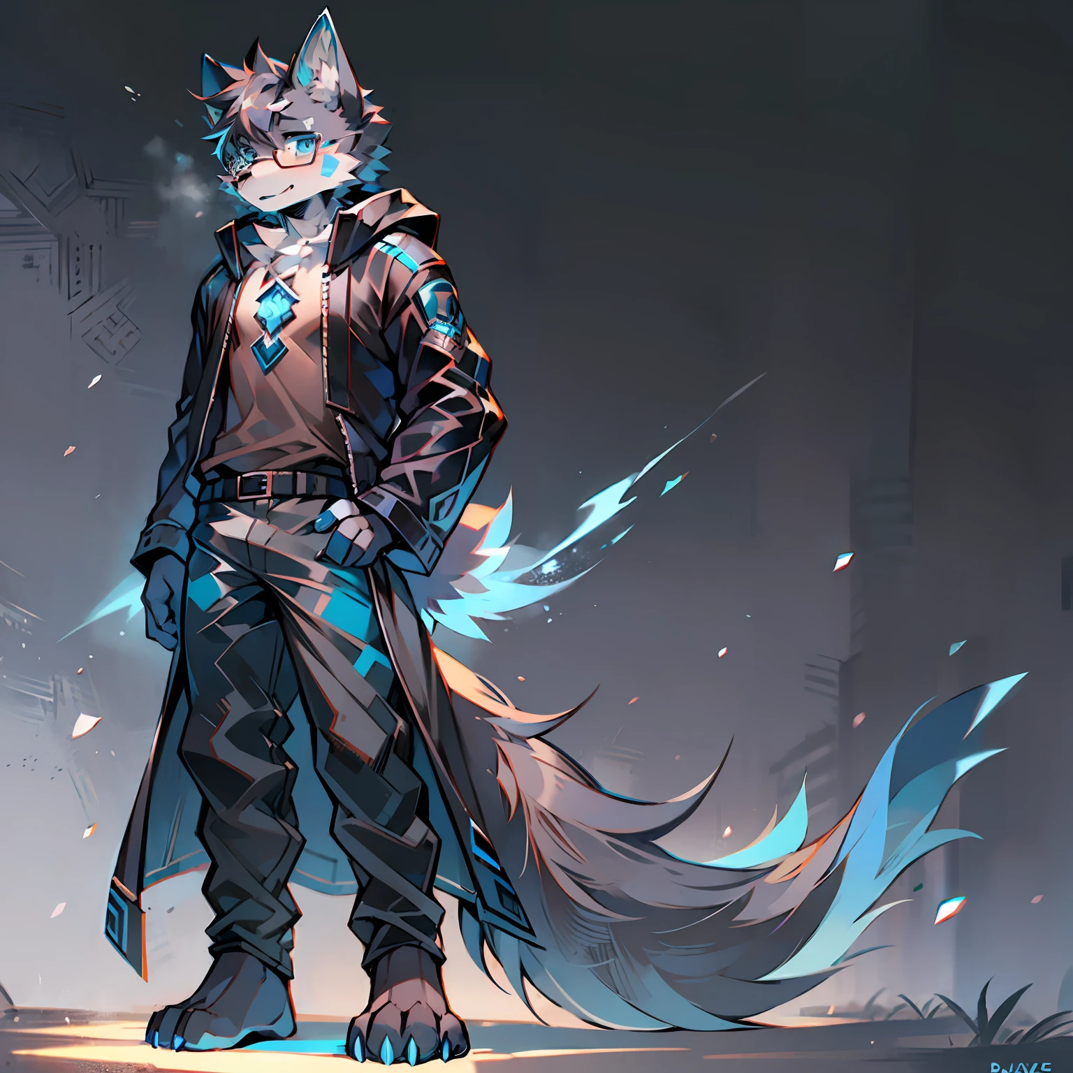Single, furry male, furry, werewolf, canine, full-body, dark fur, black-gray fur, blue eyes, wearing glasses, blue runes, mage, black coat, short sleeves, long pants, short hair, standing