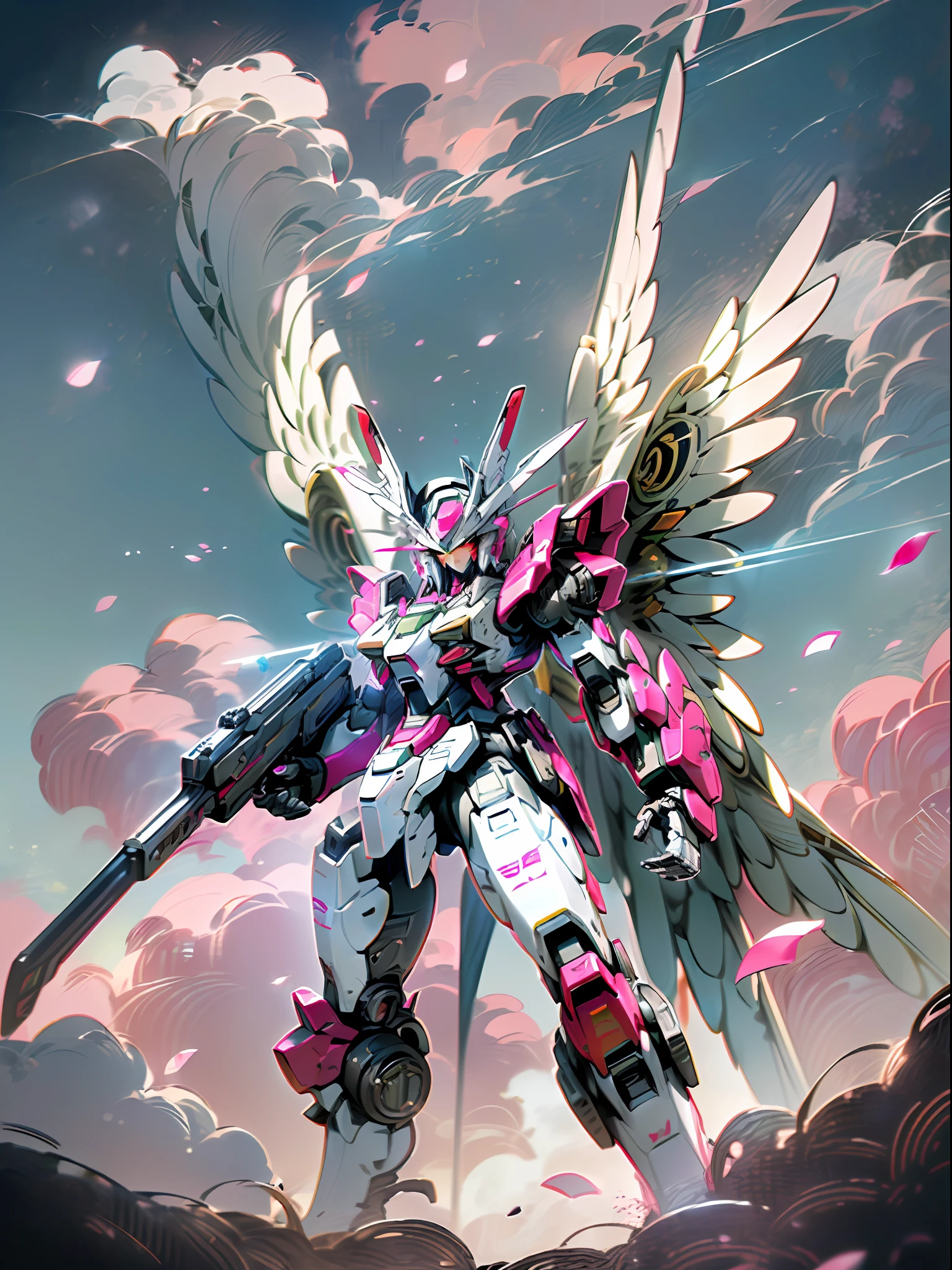 ((Best Quality)), ((Masterpiece), (Very detailed: 1.3), 8K, cool painting, full of sci-fi, pink reloaded Gundam with huge wings, streamlined pink armor, holding a Gatling gun, Gundam humanoid mech, anime mech aesthetics, perfect body proportions, three-quarters side standing pose, white clouds in the sky, cherry blossom pink background, looking up, ray tracing, light particles, nvidia TRTX, super resolution, Unreal 5, anime two-dimensional style, Subsurface scattering, specular and albedo maps, rule of thirds, large aperture, battle stance.