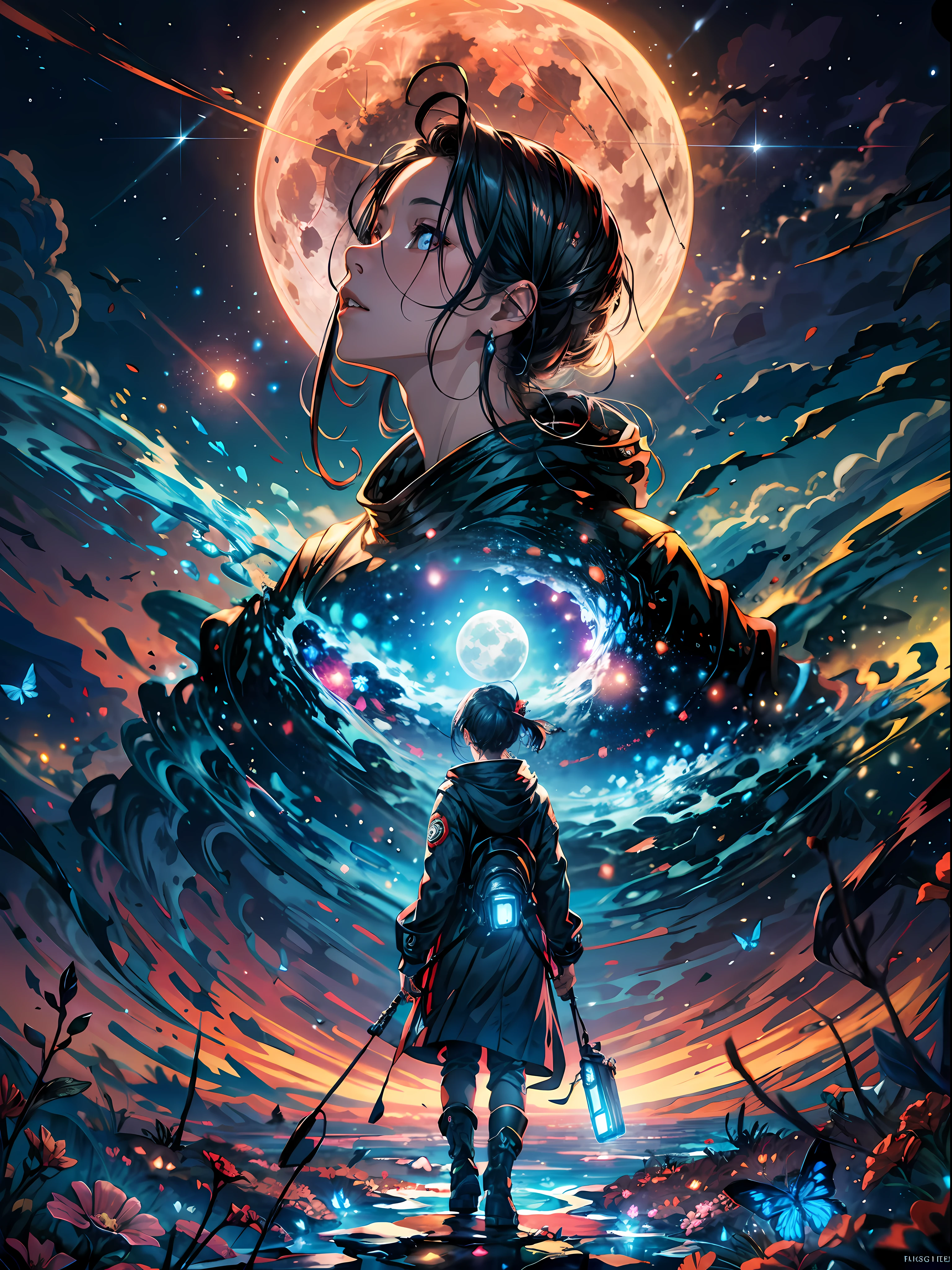 full moon night, starry sky, shooting stars, a girl standing on a sea of colorful flowers, looking up the sky, turn back to viewers,look at the moon,from behind butterfly, fireflies, (girl focus:0.7) BREAK,Detailed,Realistic,4k highly detailed digital art,octane render, bioluminescent, BREAK 8K resolution concept art, realism,by Mappa studios,masterpiece,best quality,official art,illustration,ligne claire,(cool_color),perfect composition,absurdres, fantasy,focused, rule of thirds