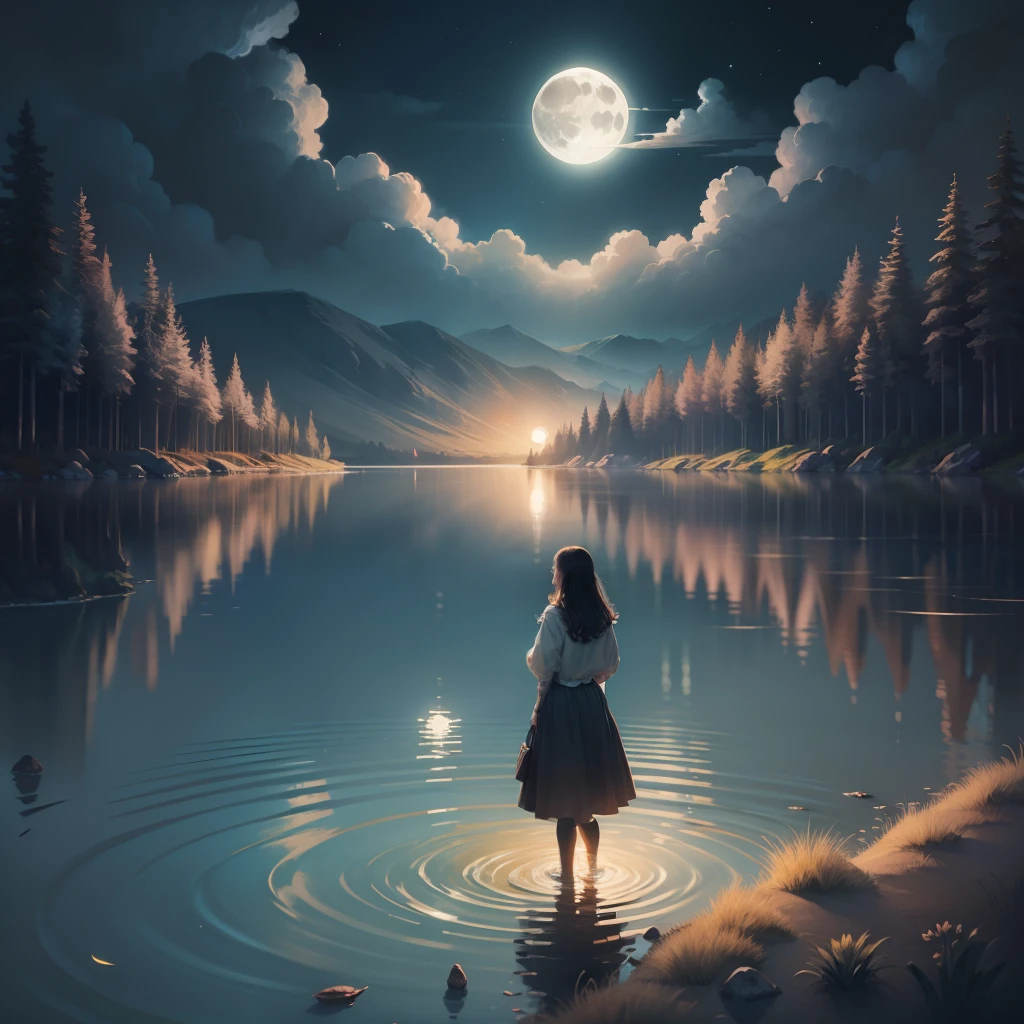 Bright moon, lake, a woman, night,