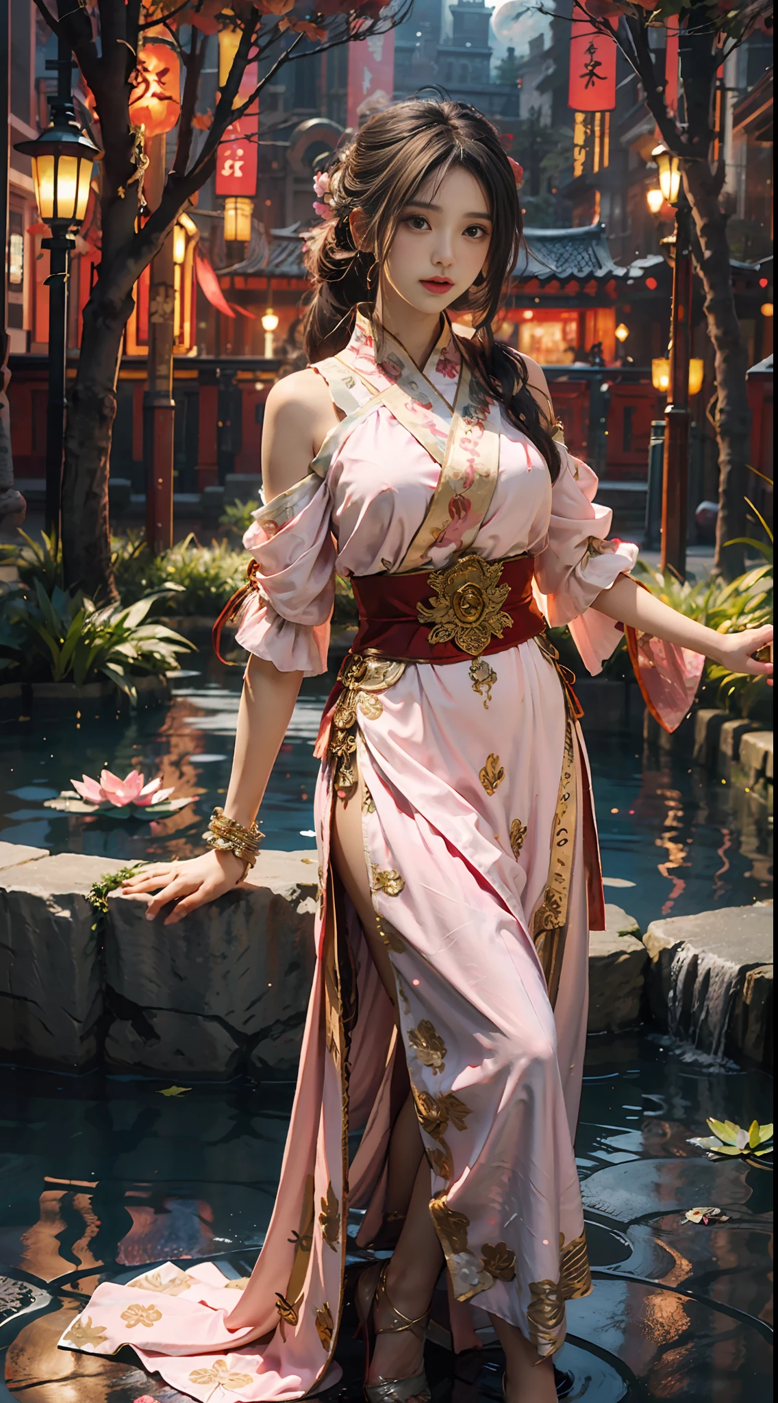 The art depicts a charming woman dressed in a flowing, silky traditional oriental dress, pink, decorated with intricate patterns and bright colors. Her dress drapes elegantly over her curvy figure, accentuating her seductive silhouette. She stands gracefully by the tranquil lotus lake, bathed in the soft glow of the moonlight.