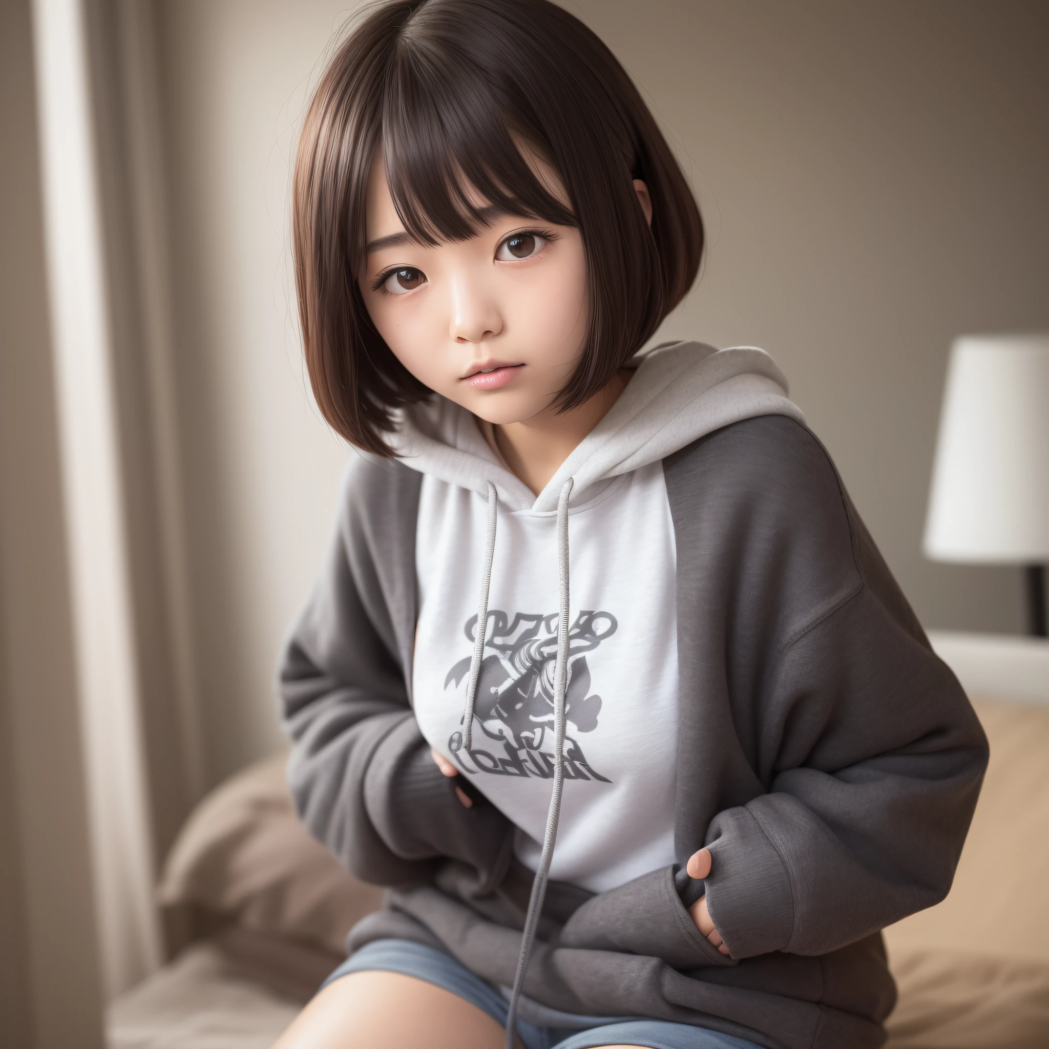 High quality, -yeld Ja girl (idol style), hairstyle is neatly trimmed bob cut, hair color is glossy black hair, large hoodie and shorts (show pans are not visible), embarrassing expression, hiding with hands, about 150 cm tall and very thin, breasts are about A cup (small breasts, petanko), lying on the bed, expression is a little biting, Angle of view from the surface, legs spread