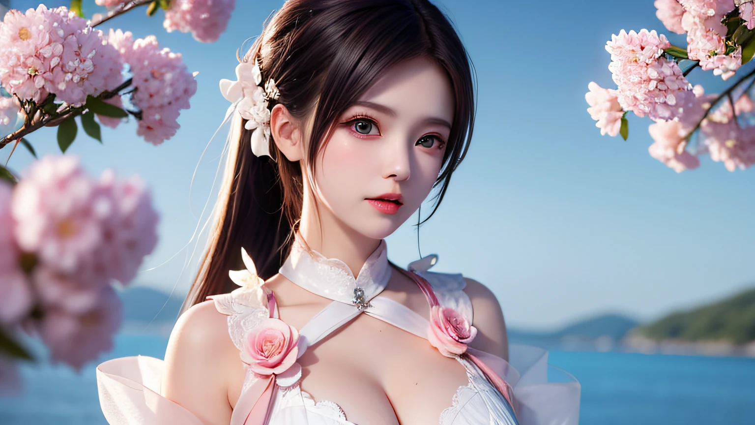 (8k, RAW photo: 1.2), highest quality, ultra high resolution, (((cleavage coordination from head to bottom of chest)), dramatic angle, (pink petals fluttering), (illustration), (1 girl))), (long hair ponytail), (transparent white sheer lace dress)), beautiful face (silver hair, blue eyes), (bright lip gloss, long eyelashes, smooth) face, Light skin, natural shadows, wide light, wide light, depth of field, strong colors, subtle caustics: 0.8), smile, (big), (rain: 0.9), behind the girl is Hanazono, (focus), ((standing on the surface of the water)), (color splash), colorful splash, ((colorful))), (sketch: 0.8), masterpiece, best quality, beautifully painted, highly detailed, (denoise: 0.6), [Splash Ink], (Ink Refraction)), (Beautiful Detailed Sky), Highly Detailed, (Masterpiece, Best Quality, Highly Detailed) CG Unity 8k Wallpaper, Masterpiece, Best Quality, Ultra Detail), (Lycoris radiata)