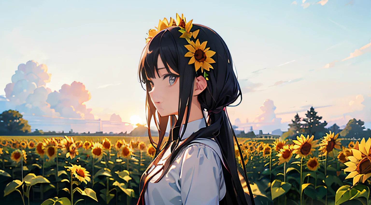 anime girl with sunflowers in her hair standing in a field, beautiful sunflower anime girl, beautiful anime art style, anime visual of a cute girl, digital anime illustration, scene : sunflower field, scene: sunflower field, detailed digital anime art, anime style illustration, trending on artstation pixiv, high quality anime artstyle, anime illustration, beautiful anime artwork