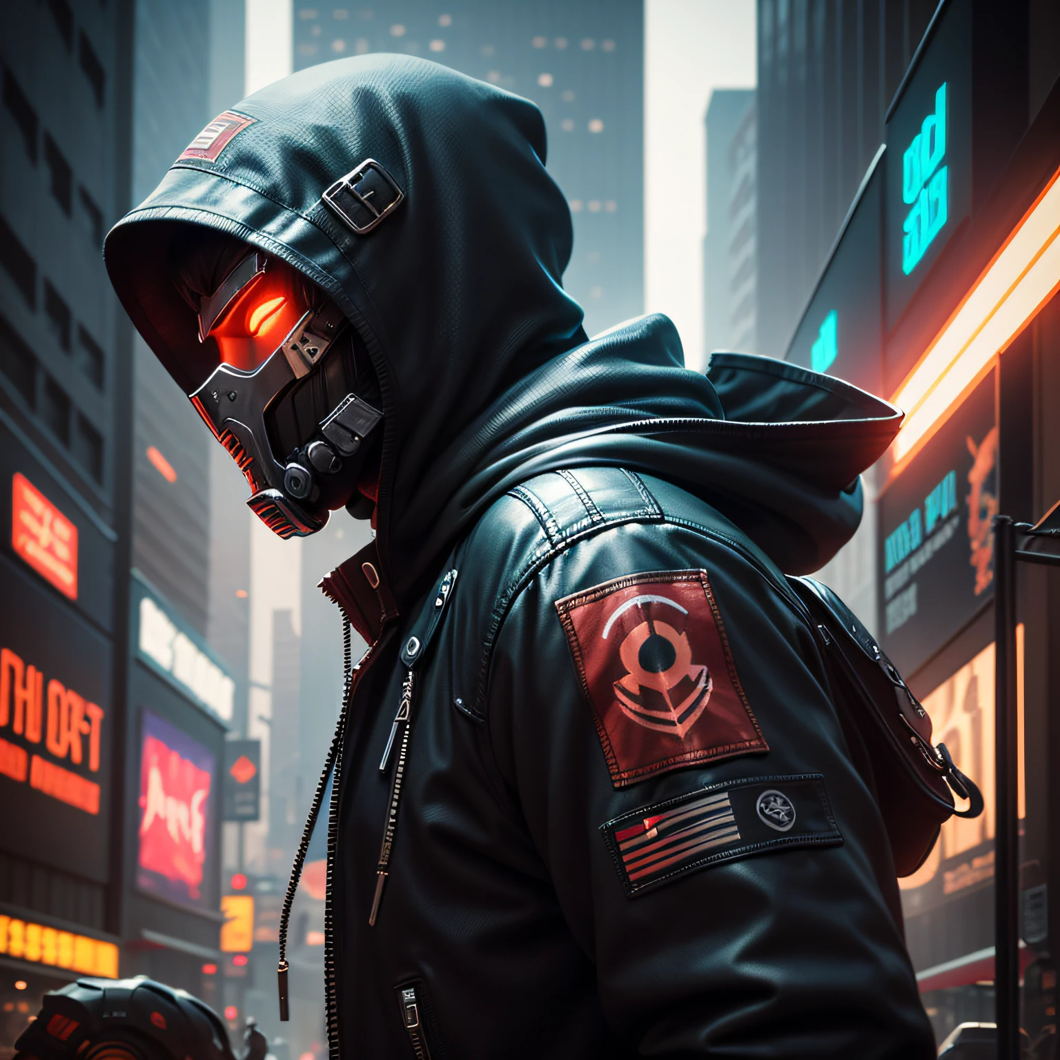 scifi, rogue, renegade, 3d, dark background, cyberpunk, profile, hood on, mask on --auto