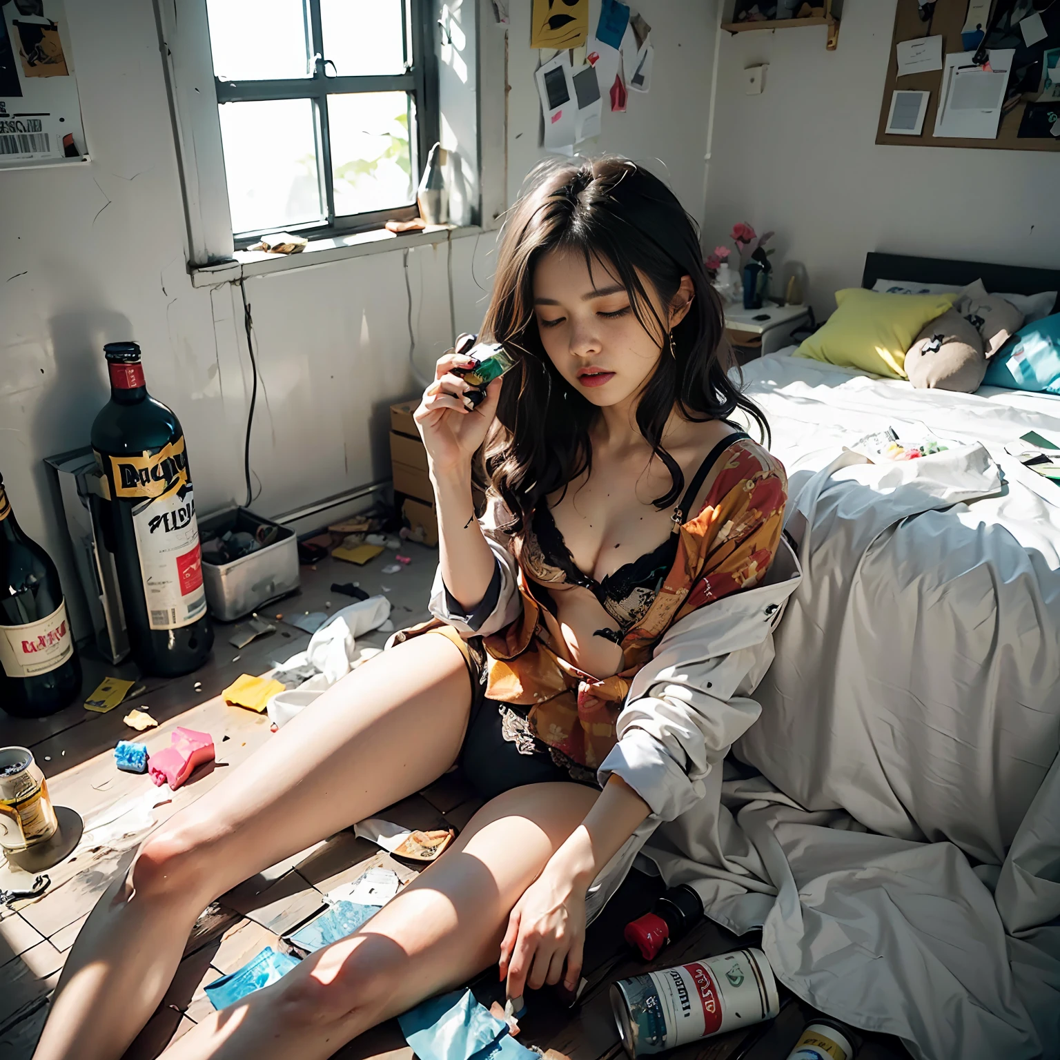 (8k, RAW photos, best quality, masterpiece, : 1.2), (realistic, photorealistic: 1.37), (1 girl, solo: 1.3), office lady 24 years old Japan girl, office lady, black hair, (((disheveled hair, unkempt hair: 1.5)), labor, hard work, social animals, overwork, exhaustion, bed, from above, (((sleeping on the bed, sleeping in underwear, legs spread wide, Eyes closed, mouth open: 1.5)), sad expression of despair, bedroom, ((dark room, midnight, indirect lighting: 1.5)), small bust, (OL, bra, panties: 1.5), languid posture, (littered with garbage, garbage bags, messy room, messy office lady's clothes, empty cans rolled on the floor, bottles of liquor rolled on the floor, Half-eaten sweets on the floor: 1.5), spilled potato chips, energy drinks, ultra-high resolution, physically based rendering, cinematic lighting, dynamic angles