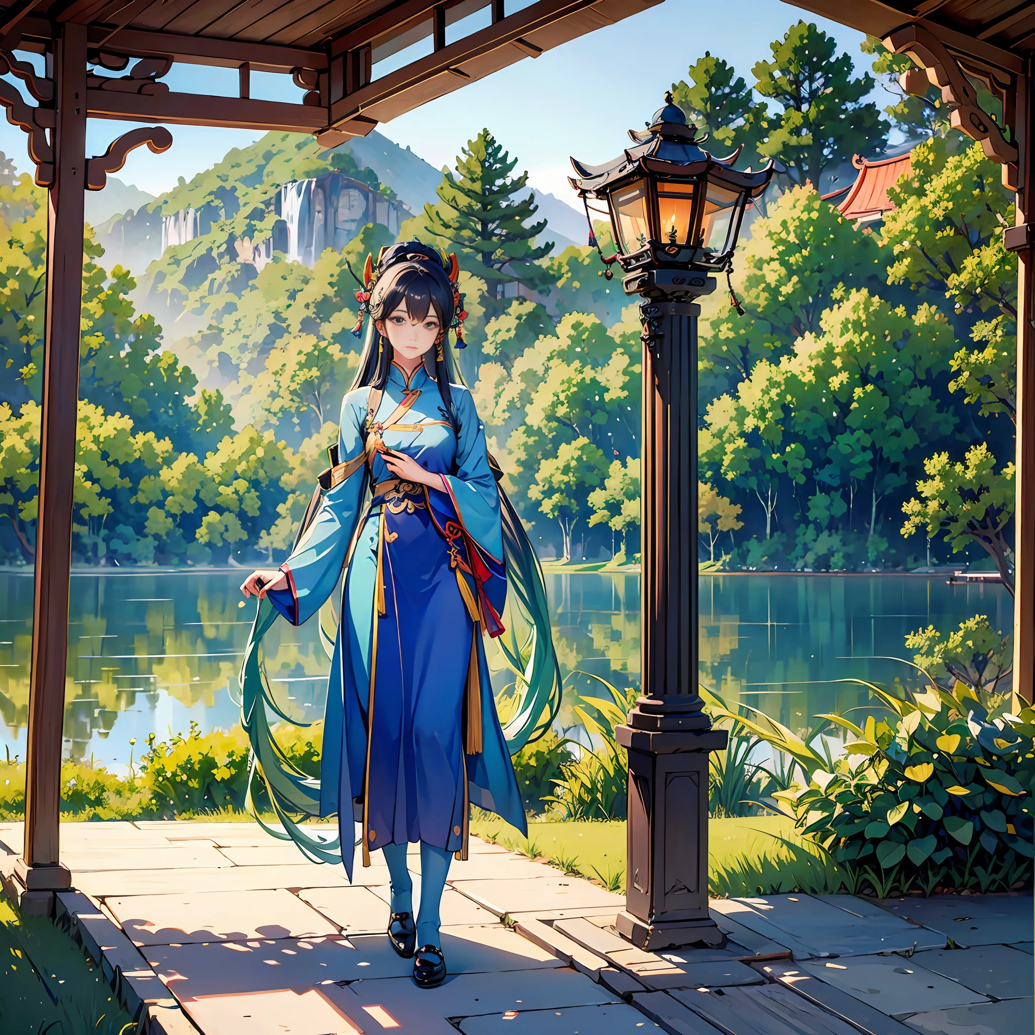 Ming Han uniform Standing under the pavilion with long legs and a shy expression Holding a fan in his hand Behind him are lakes and greenery --auto