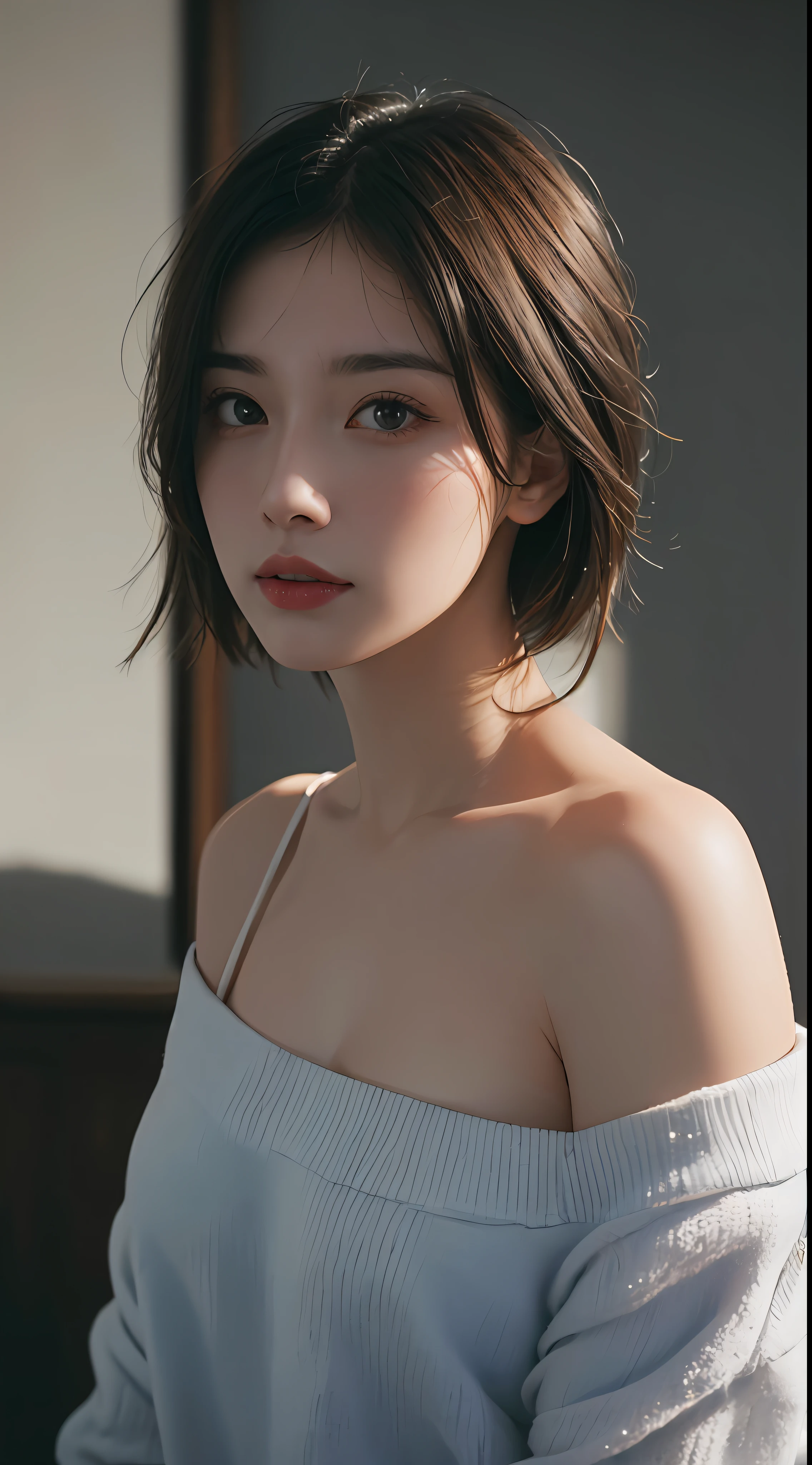 Best quality, masterpiece, ultra high res, (photorealistic:1.5), raw photo, 1girl, offshoulder, in the dark, deep shadow, low key, cold light, y look, short hair