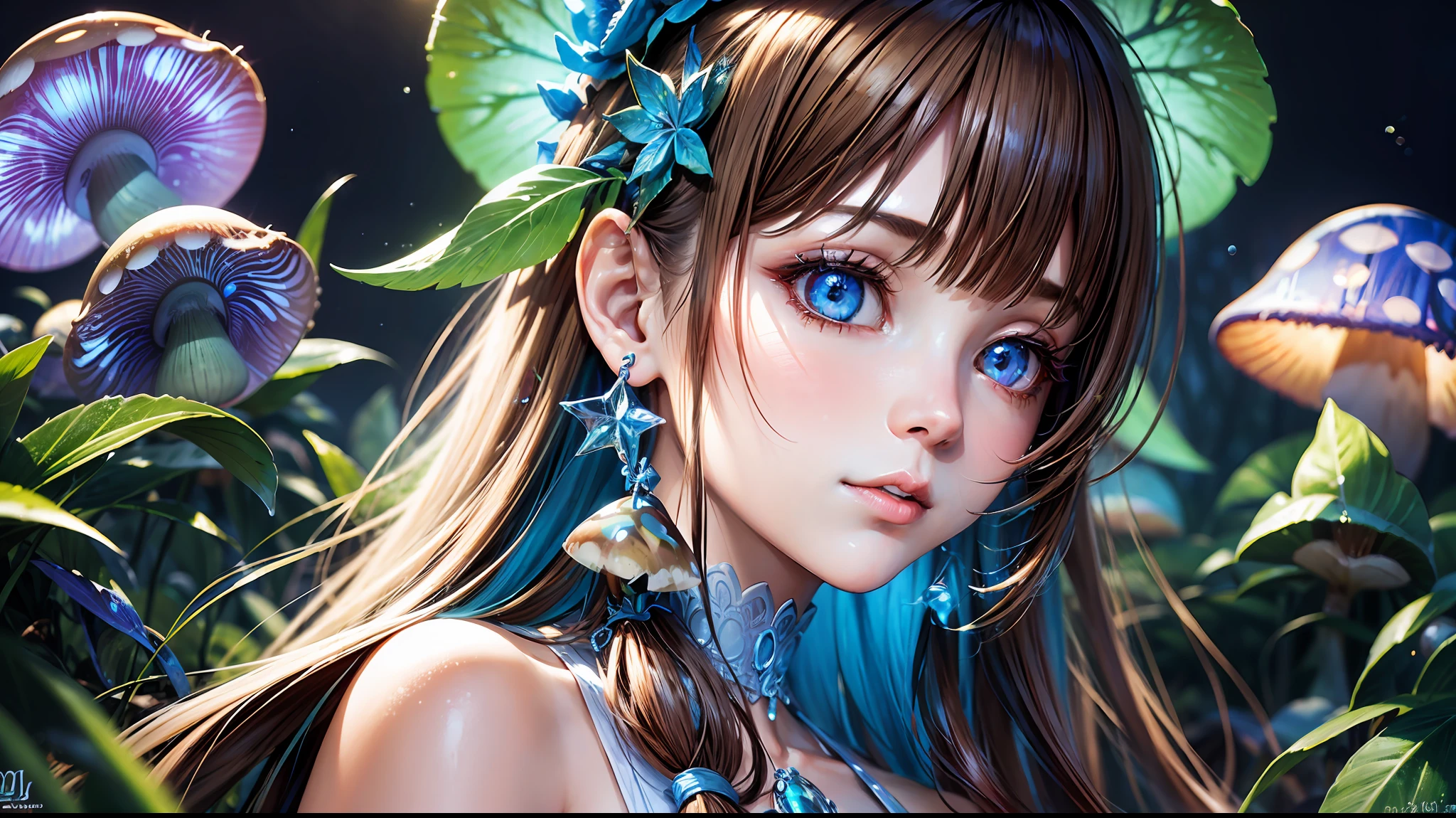high quality, one girl, detailed face, clear hands, landscape background, tropic jungles, ((neon colorful soap bubbles))