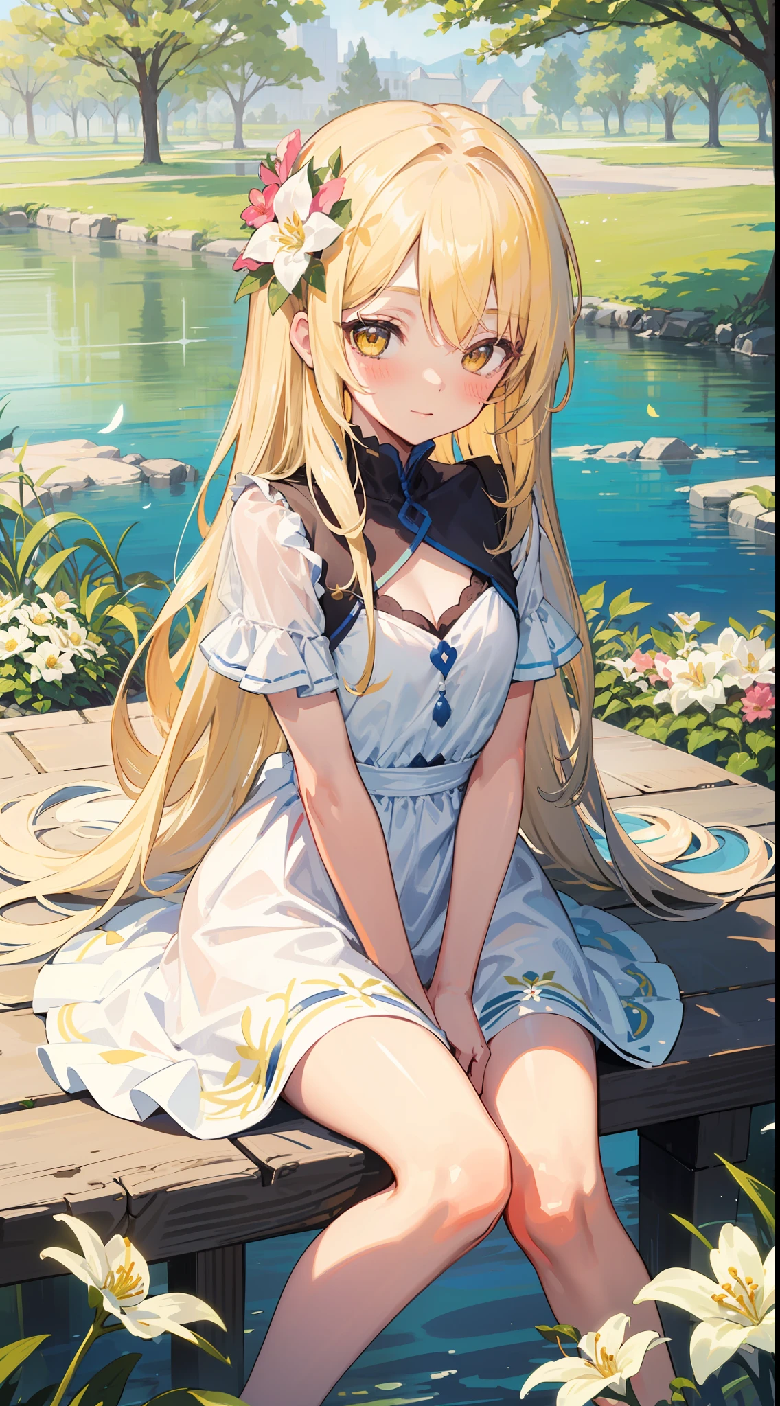 1loli, light-yellow long hair with flowery decoration, golden eyes and winked one eyes, wear white beautiful dress decoration with flower, very beautiful like an angel, amazing flower garden scenery, sitting on the full of white flower around her, she so beautiful and little bit blush under tree of life