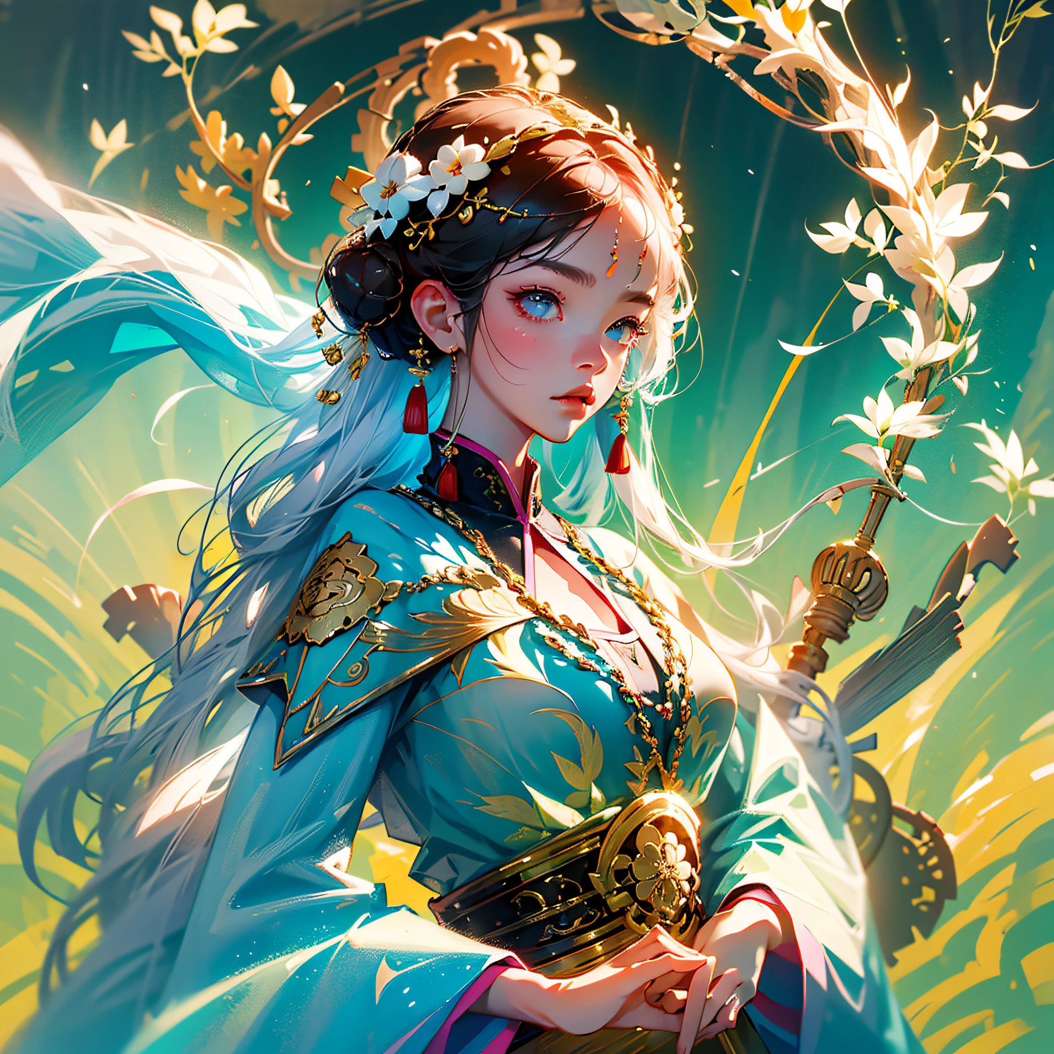 (hyperrealistic), (illustration), (high resolution), (8K), (extremely detailed), (best illustration), (beautiful detailed eyes), (best quality), (super detailed), (masterpiece), girl, gorgeous ancient long dress, intricate headdress, Suzhou garden, pavilion, pool, lotus leaf, lotus flower, tree, grass, sky, summer, sunlight