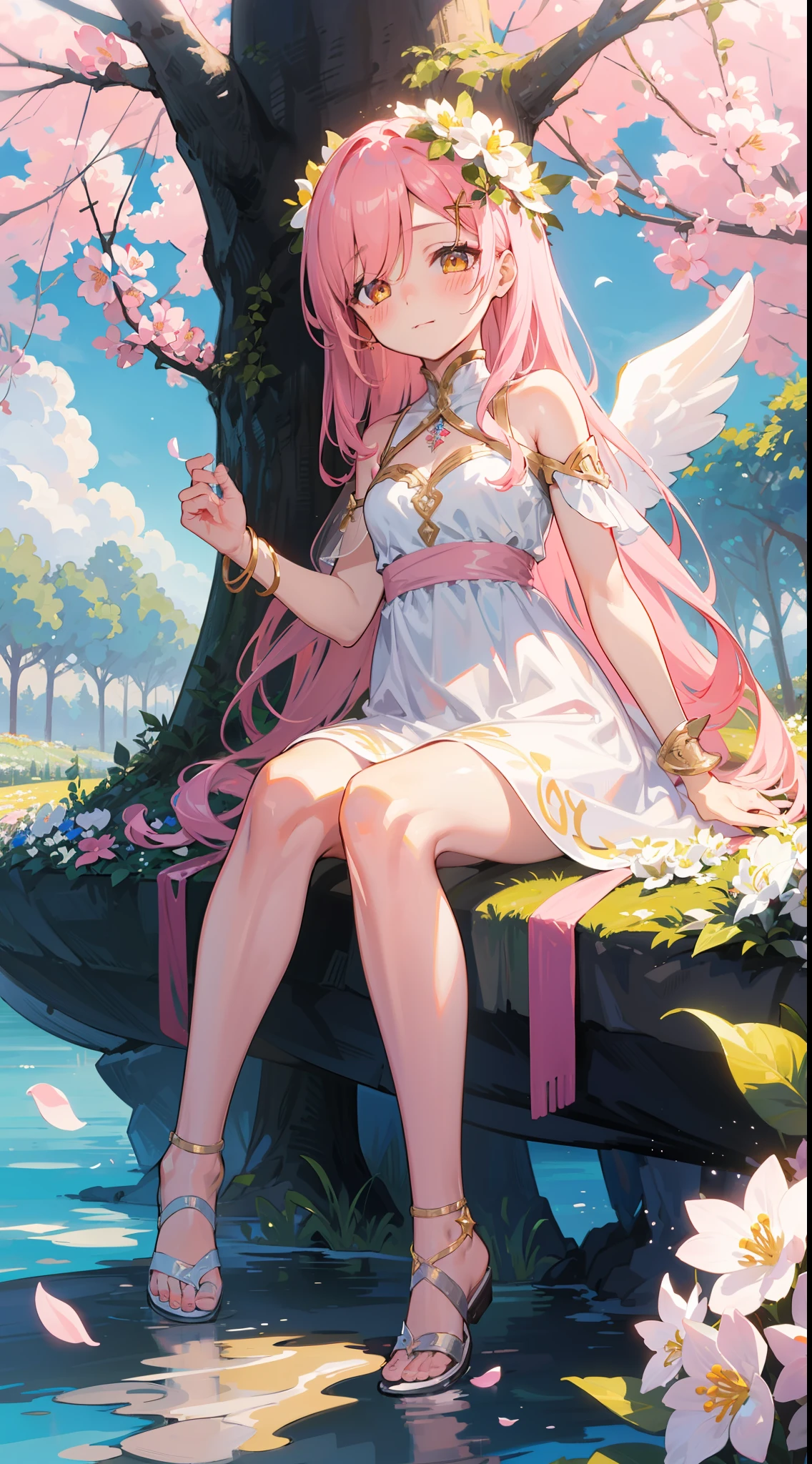 1loli, light-pink long hair with flowery decoration, golden eyes and winked one eyes, wear white beautiful dress decoration with flower, very beautiful like an angel, amazing flower garden scenery, sitting on the full of white flower around her, she so beautiful and little bit blush under tree of life