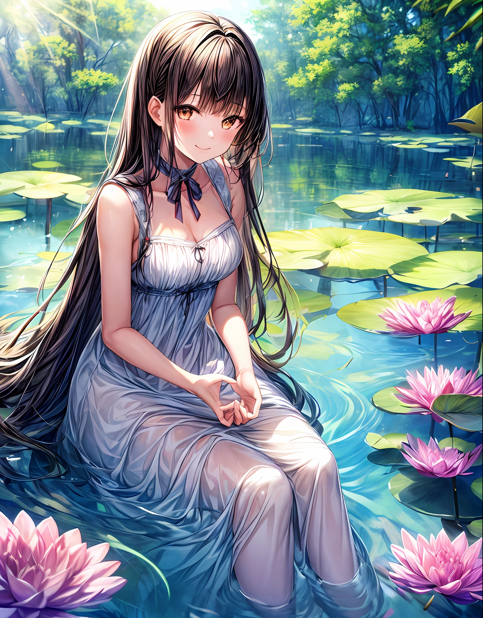 (masterpiece, top quality), 1 girl, long hair, blunt bangs, black hair, smile, brown eyes, ribbon, dress, ruffles, blue sky, water lily in pond, forest, coolness, insight, front view, sunshine