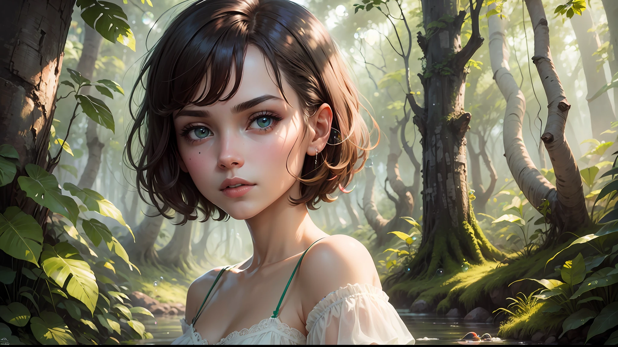 high quality, one girl, detailed face, clear hands, landscape background, tropic jungles, ((neon colorful soap bubbles))