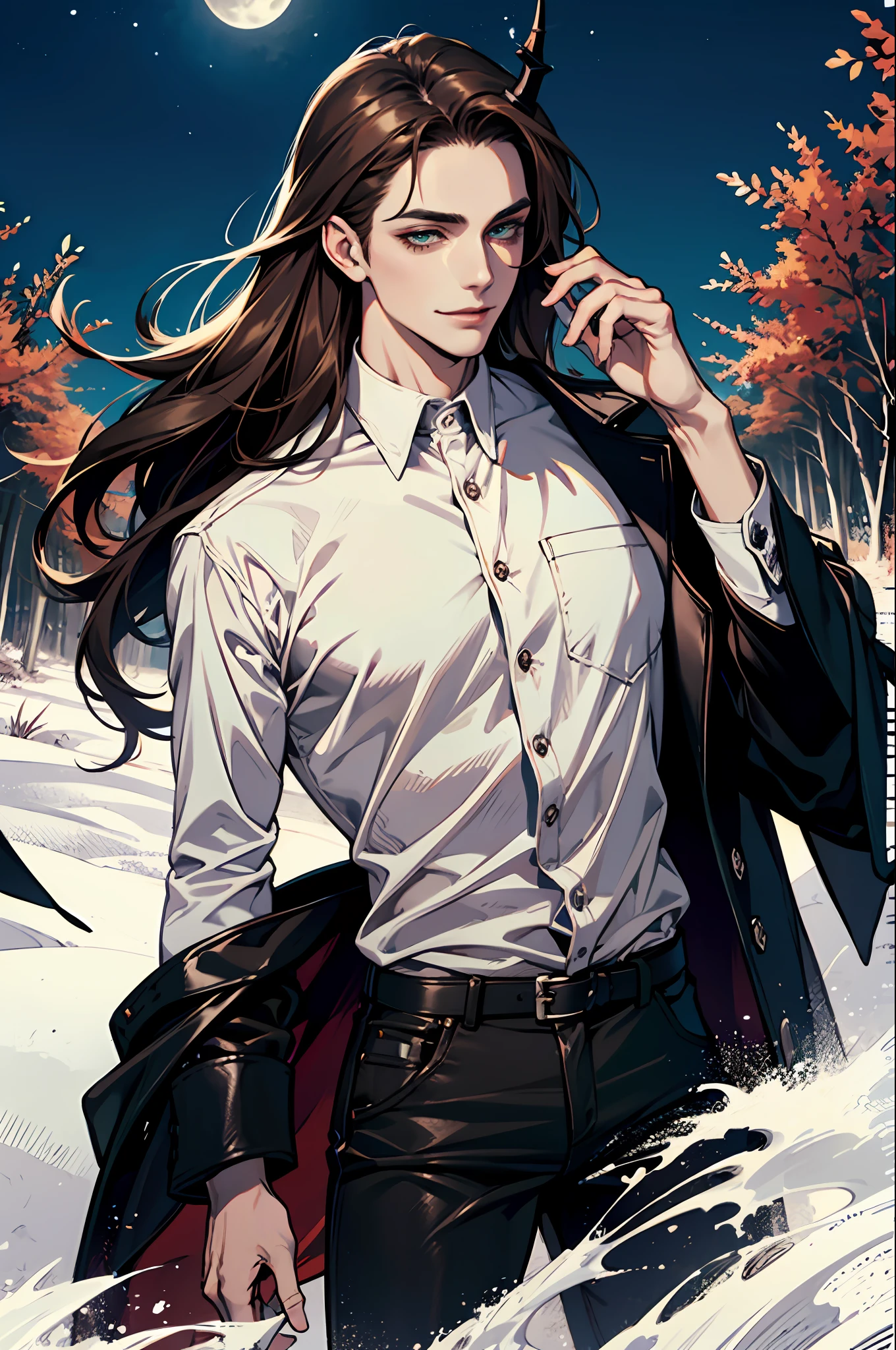 (absurdres, highres, ultra detailed), 1man, 30 years old man, adult man, handsome, tall,, finely detailed eyes and detailed face, black leather pants, white shirt, night, smile, dutch angle, ((long hair, brown hair)), horns, moon, forest, bad boy, gothic, dark, looking at the view, pale skin, green detailed eyes, eyeliner, (masculine), sexy, smirk, seductive, slightly muscular, very attractive, flirtatious, mature, ((adult mature face)), medium large shoot, (MLS), conceited, egocentric