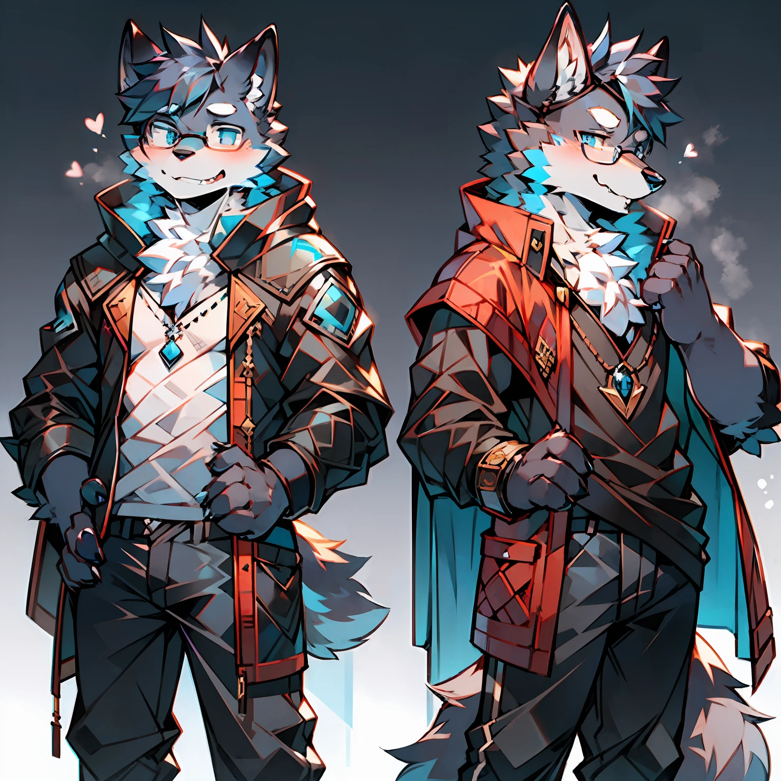 Single, furry male, furry, werewolf, canine, full-body, dark fur, black-gray fur, blue eyes, wearing glasses, blue runes, mage, black coat, short sleeves, long pants, short hair, standing