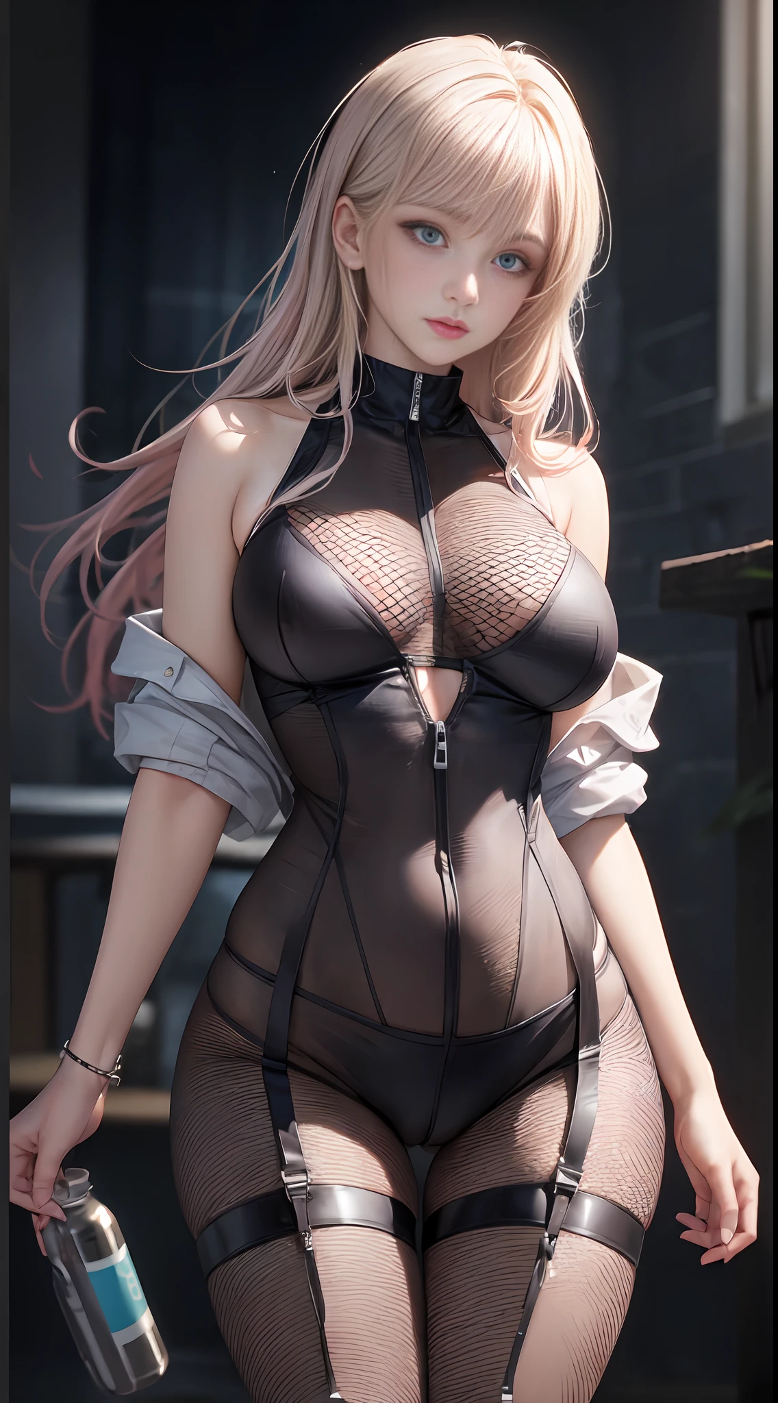 (Master Masterpiece: 1.2), Best Quality, High Resolution, Original, Ultra HD, Very Detailed Wallpaper, Perfect Lighting, (Light White Blonde Pink Hair Color 0.8) , (Very detailed CG: 1.2), ((bare pubic hair: 1.5)), no panties, ((transparent clothes: 1.2)), full body, pantyhose, no bra, photorealistic ((Cameltoe: 1.5)), 8k, perfect artwork, ultra-detailed rendering, highest quality, high resolution, detail maniac, realistic eyes, best quality, delicate face, detailed body limbs, 1 girl, solo, sleeveless clothes, sleeveless shirts, fishnet clothes, dark lips, Unzipped jacket, bare breasts, blush, highlight, superb breasts, superb figure, flesh, tinted, transparent clothes, skinny, open pants, slim,