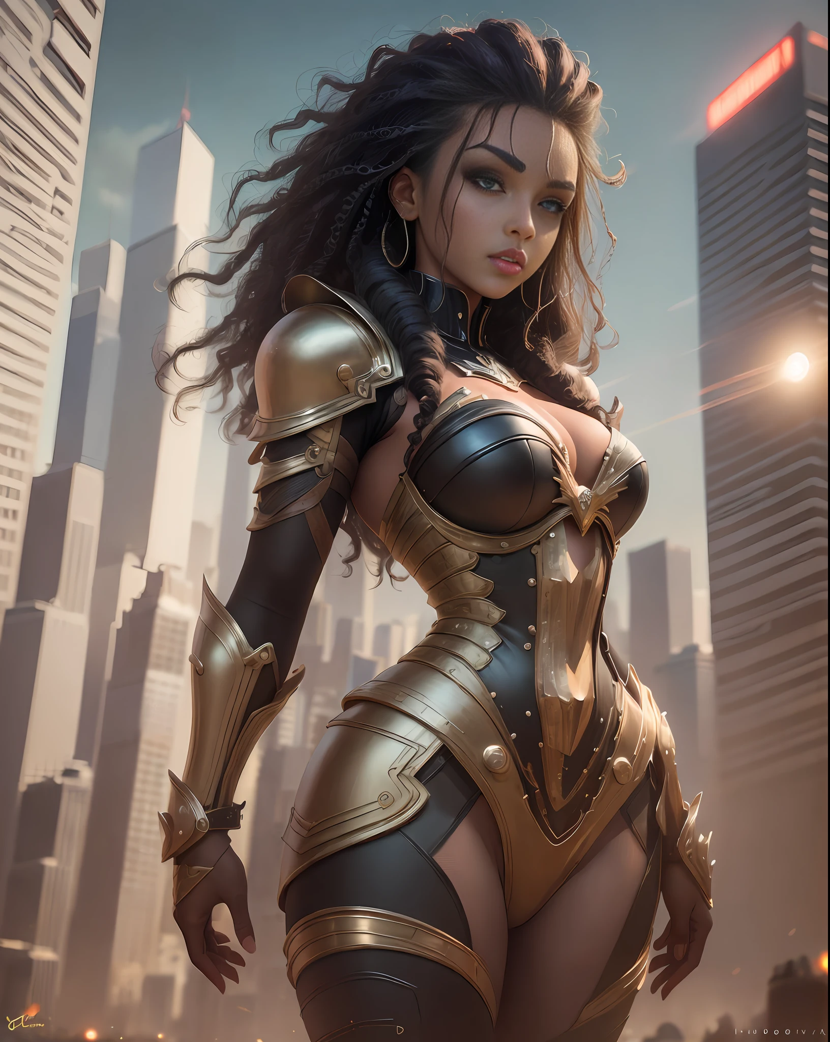 (best quality, masterpiece), A beautiful brown woman, futuristic armor, black curly hair, black cat eyes, galatica war city background, futuristic, looking at the viewer, backlit, rimlight, perfect composition, raudha athif,