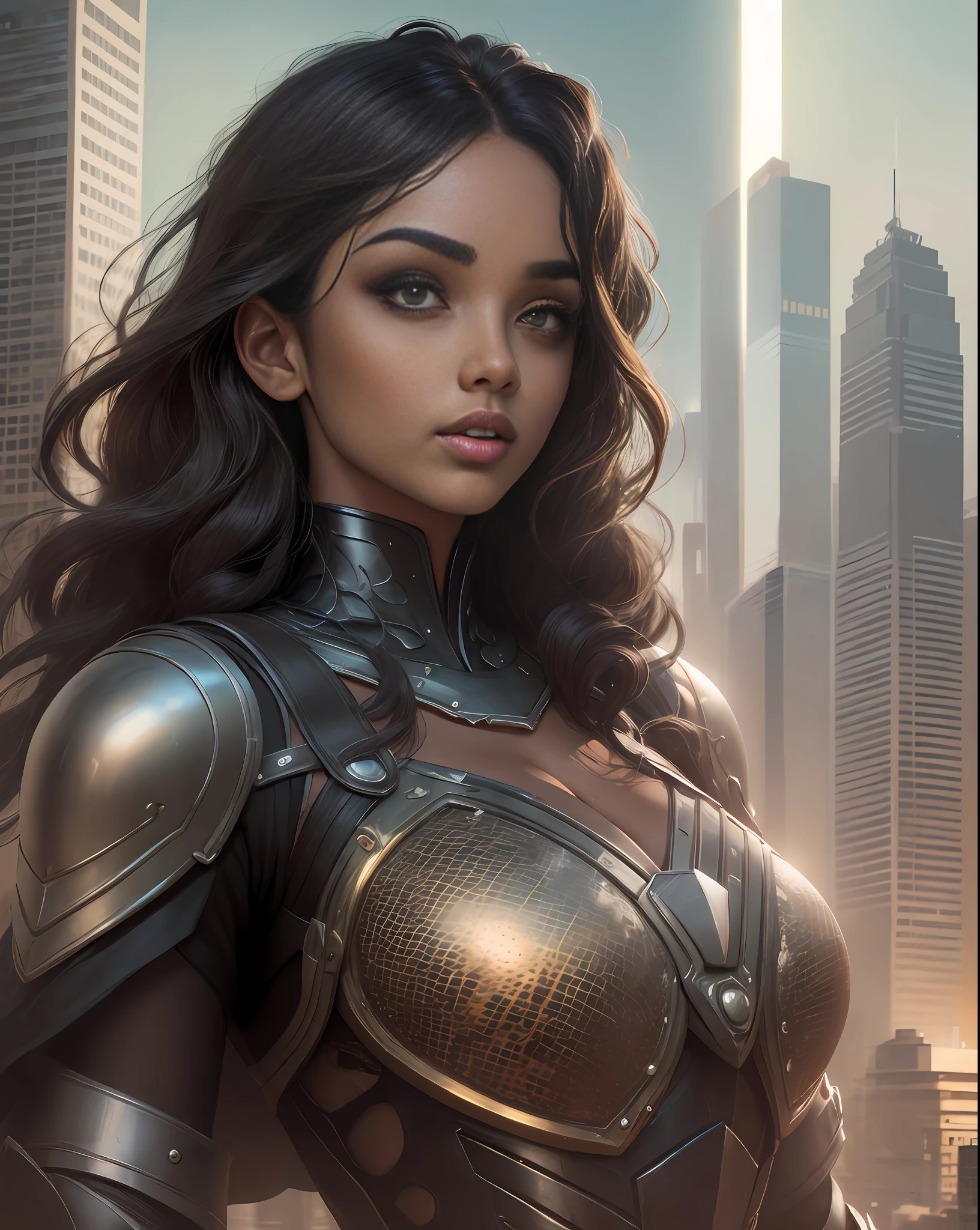 (best quality, masterpiece), A beautiful brown woman, futuristic armor, black curly hair, black cat eyes, galatica war city background, futuristic, looking at the viewer, backlit, rimlight, perfect composition, raudha athif,
