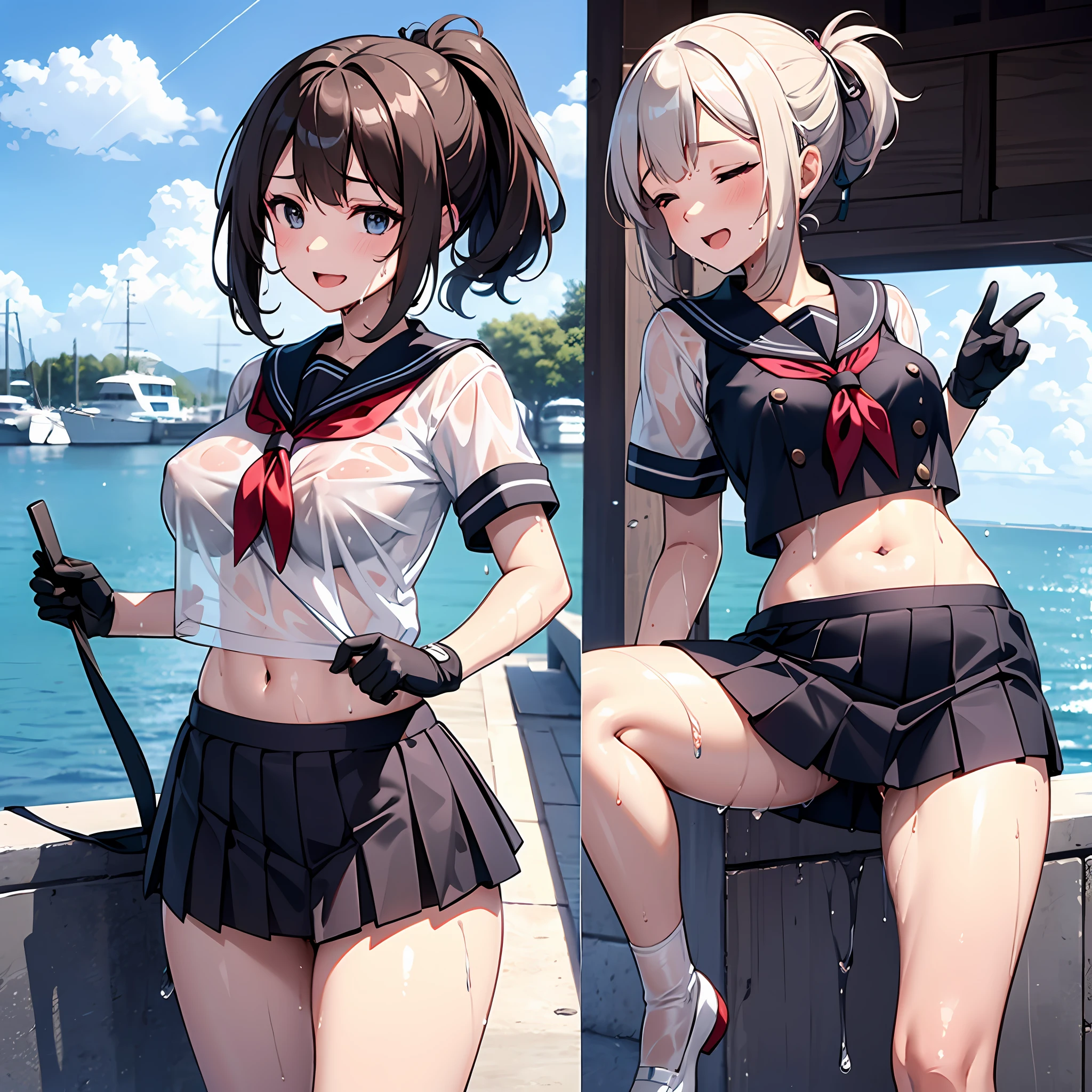 kancolle,1ung_teirls、loli、bwn_hair、short_ponytail, long_bangs、blue_midriff_baring_sailor_uniform、mini_skirt、short_sleeve、thighthighs、big_tits, sleepy, Sorrisos、open_mouth、dynamic_pose, childlike_posing ,harbor,dock_background、spread_legs、happiness、NSFW、short_gloves, (wet:1.4),transparent,covered_nipples, covered_crotch, under_tits, sweat, bare_thighs, large_ass, covered_anal, back_view,torn_clothes