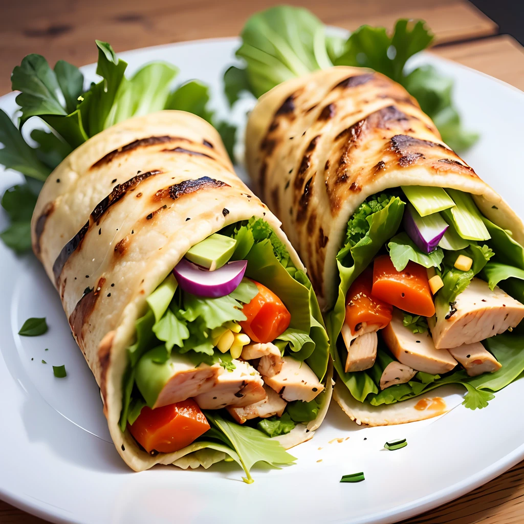 Chicken Wrap with Vegetables for our e-book. The image should be appetizing, highlighting the juicy grilled chicken and the fresh, colorful vegetables wrapped in a soft wrap. We want to convey a feeling of healthy and tasty meal. Please perfect the visual presentation and appeal of the dish. --auto --s2