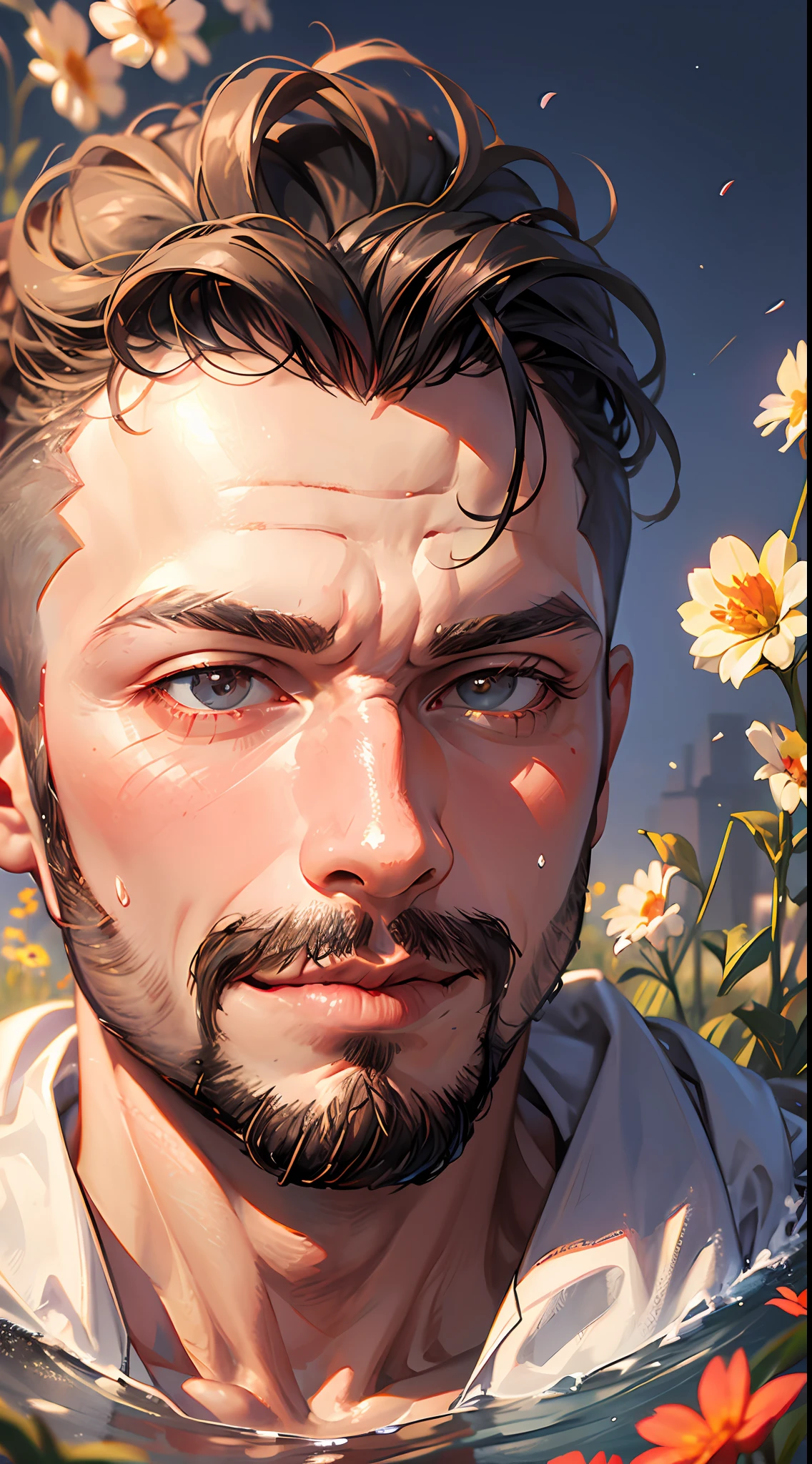 muscular, sitting, undercut, facial hair, flower field,water, depth of field,dusk sky