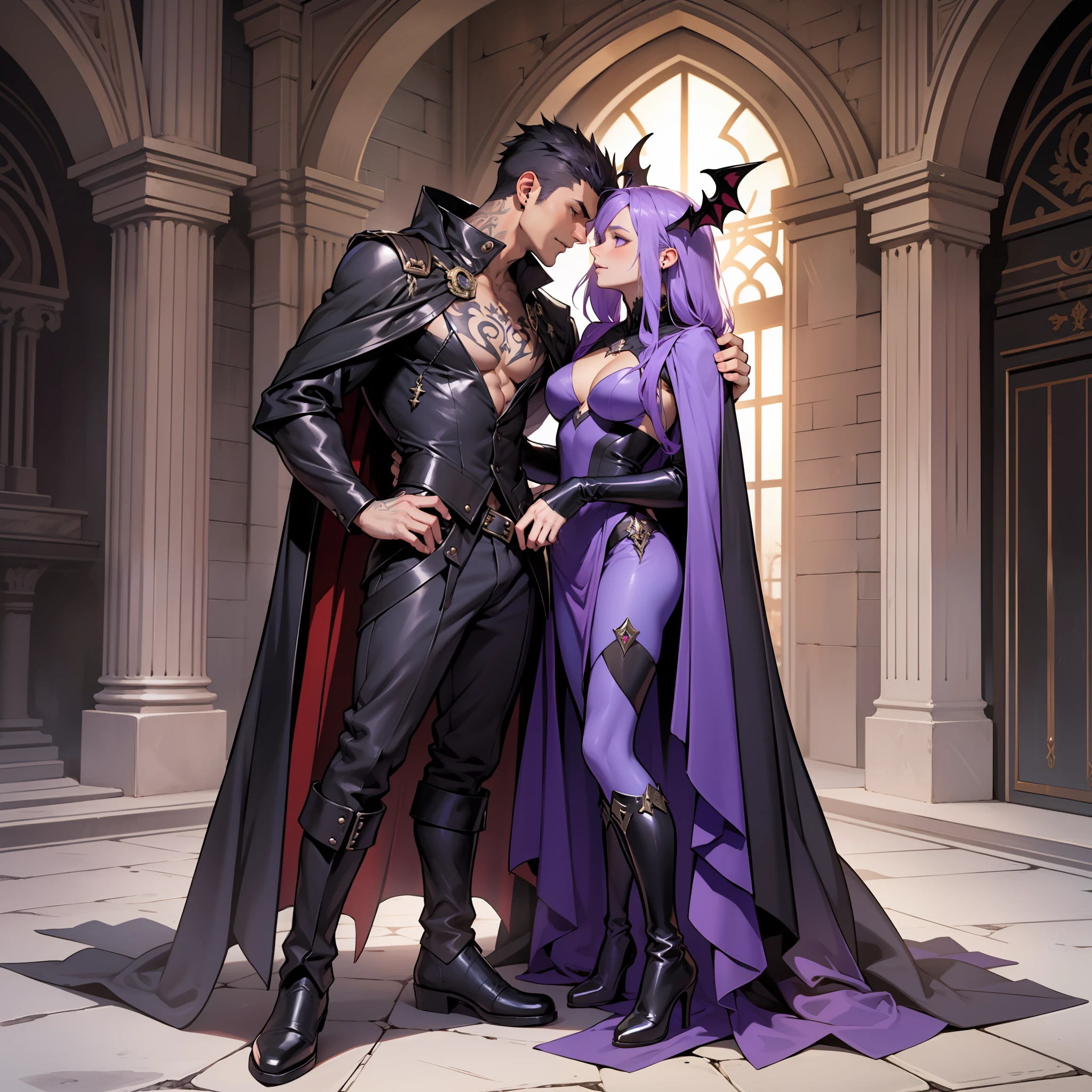 A naked male, naked, in a dark castle, purple cape, proud and confident expression, bat, open arms, dark night, villain, evil, long leather boots, demon king, on the throne, holding a female in his arms, kneading chest, tattooing, kissing, looking at each other affectionately