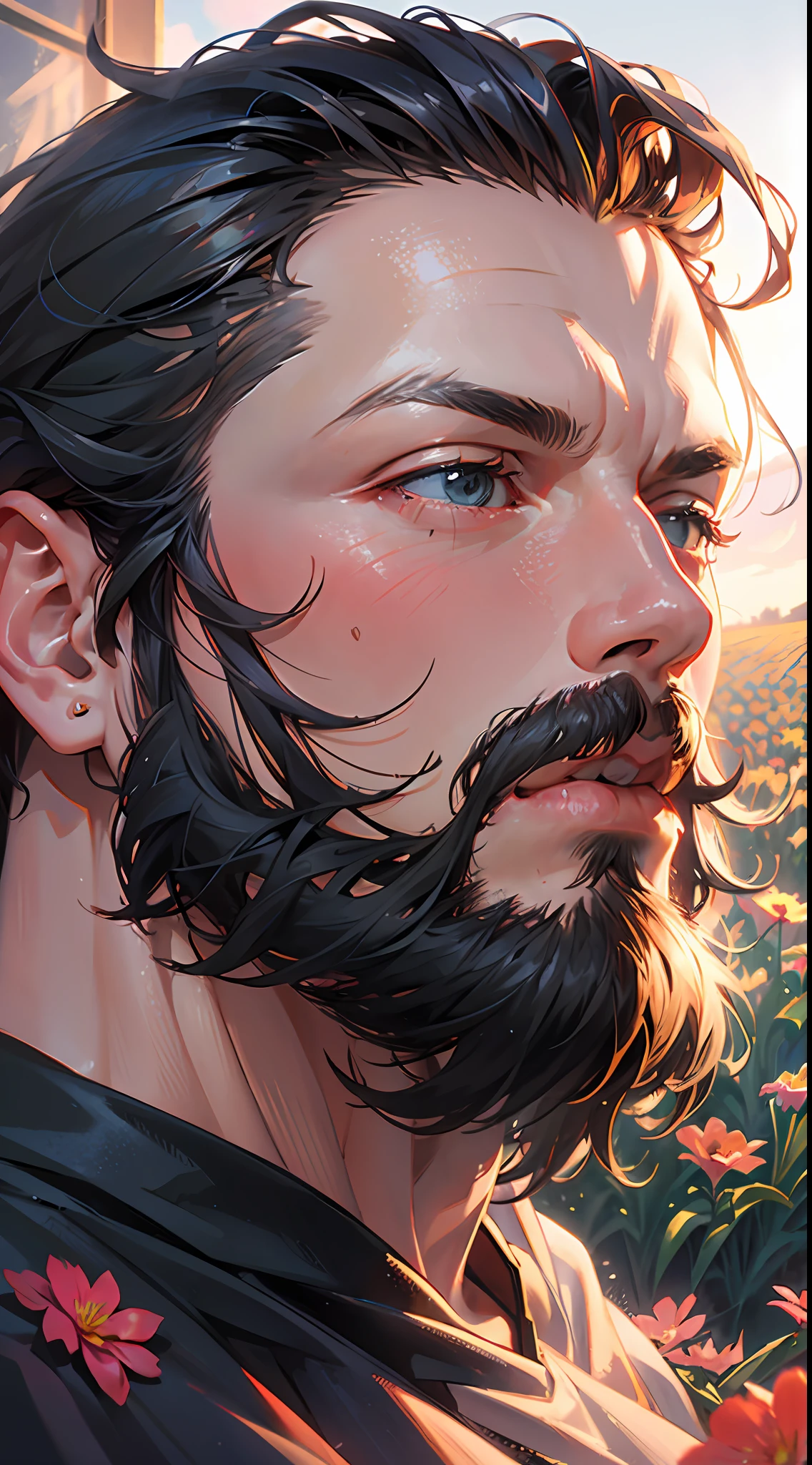 muscular, sitting, undercut, facial hair, flower field,water, depth of field,dusk sky