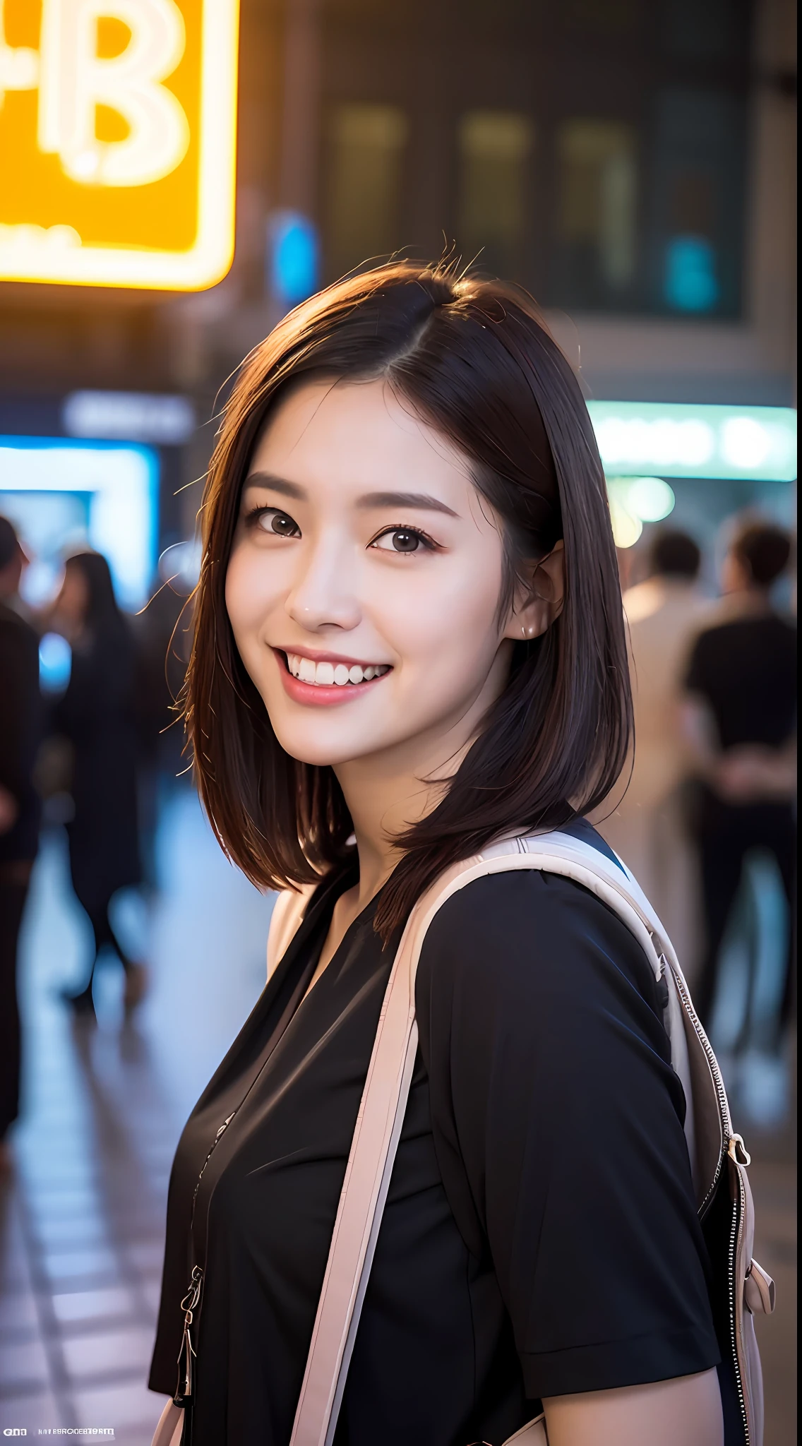 (8k, RAW Photos, Best Quality, High Resolution: 1.1), (Ultra Realistic: 1.4), (Realistic, Photorealistic: 1.3), Soft Light, Big Girl, Realistic Face, Realistic Body, Realistic Skin, Absurdity, Masterpiece, (Cute: 1.8), Cuties, Solo, (Large: 1.2), Detailed Black Eyes, Innocent Eyes, Cheeks, (Blouse: 1.2), Cinema Light, Film Grain, (((Rucksack: 1.1)), Cherry Colored Lips, Close-up, Look Viewer, Upper Body, Open Lips, Upper Teeth, (Smiling Eyes: 0.6), ((grinning: 1.2)), Depth of Field, Blurred Background, Eye Focus, Bokeh, Midnight, Shinjuku, Neon Sign, Cyberpunk, Rain, 85mm Lens, f/1.4, Professional Lighting, Young, Portrait, Photon mapping, radiosity, and physically based rendering