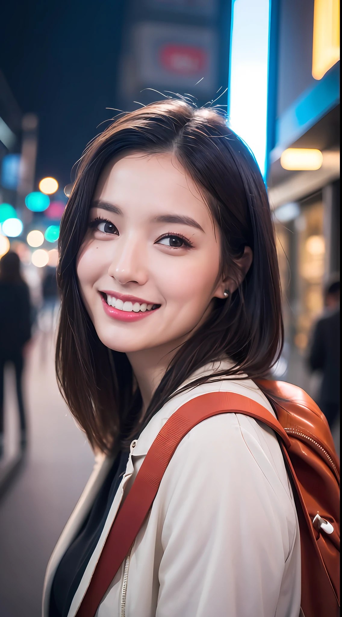 (8k, RAW Photos, Best Quality, High Resolution: 1.1), (Ultra Realistic: 1.4), (Realistic, Photorealistic: 1.3), Soft Light, Big Girl, Realistic Face, Realistic Body, Realistic Skin, Absurdity, Masterpiece, (Cute: 1.8), Cuties, Solo, (Large: 1.2), Detailed Black Eyes, Innocent Eyes, Cheeks, (Blouse: 1.2), Cinema Light, Film Grain, (((Rucksack: 1.1)), Cherry Colored Lips, Close-up, Look Viewer, Upper Body, Open Lips, Upper Teeth, (Smiling Eyes: 0.6), ((grinning: 1.2)), Depth of Field, Blurred Background, Eye Focus, Bokeh, Midnight, Shinjuku, Neon Sign, Cyberpunk, Rain, 85mm Lens, f/1.4, Professional Lighting, Young, Portrait, Photon mapping, radiosity, and physically based rendering