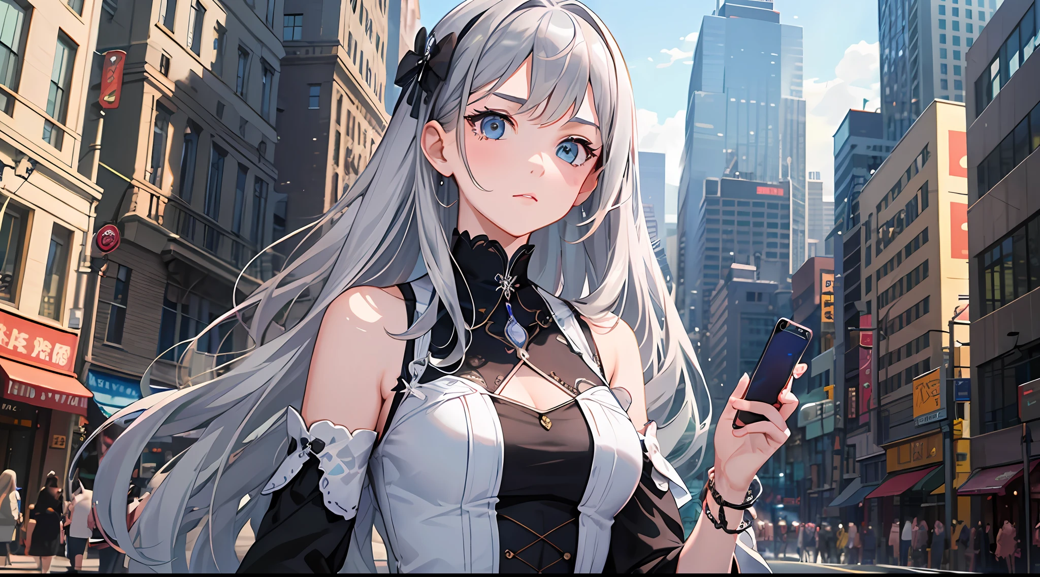 1girl, (fluffy silver long hair: 1.6), dress, mature and beautiful, rich and noble, on the city street, disdainful expression, high cold expression, looking at the audience, holding a mobile phone, answering the phone, super detailed CG, delicate facial features, clear facial expressions, detailed digital animation art, digital animation art, high-quality animation art style