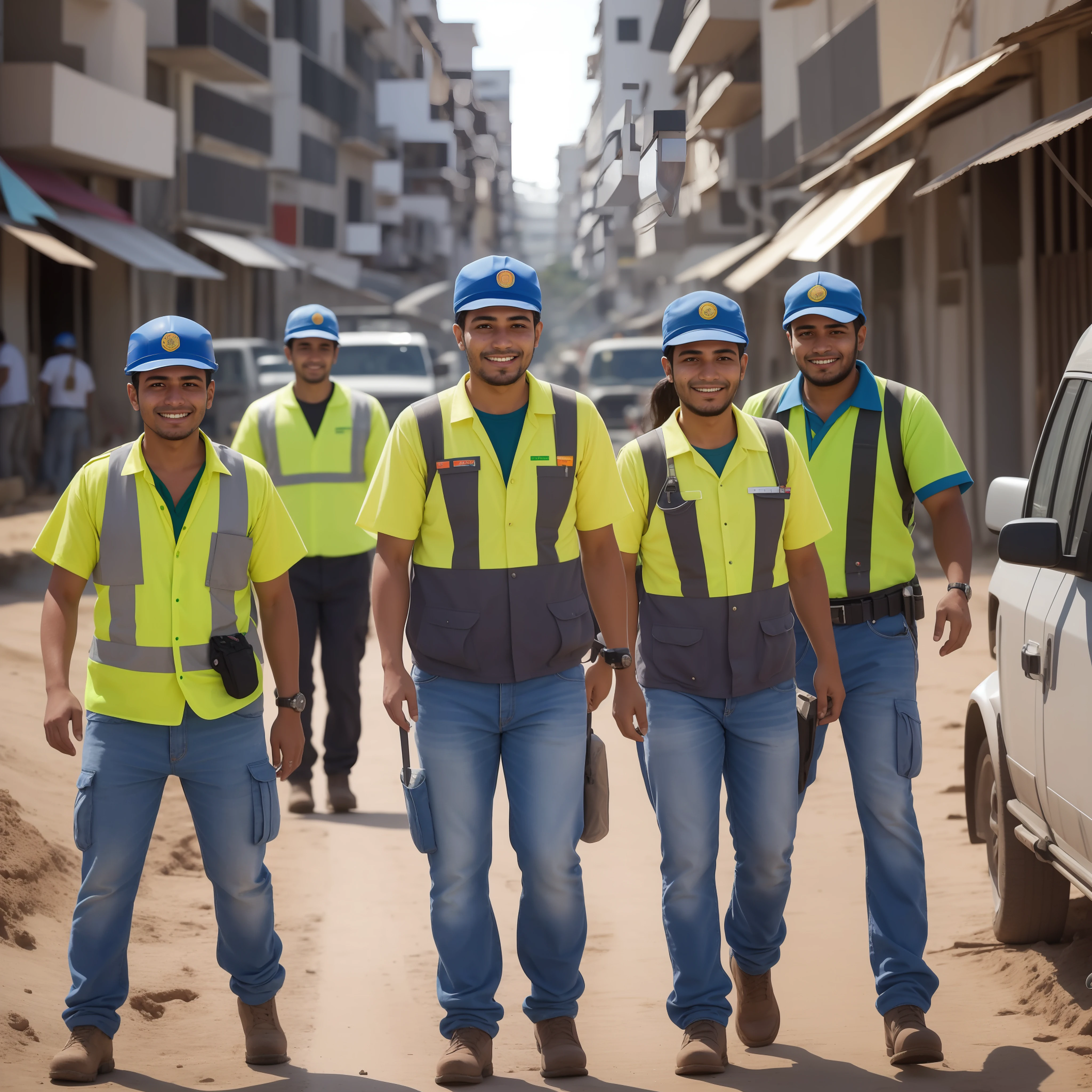 Several Brazilian workers, uniformed in several different professions, smiling, looking forward.