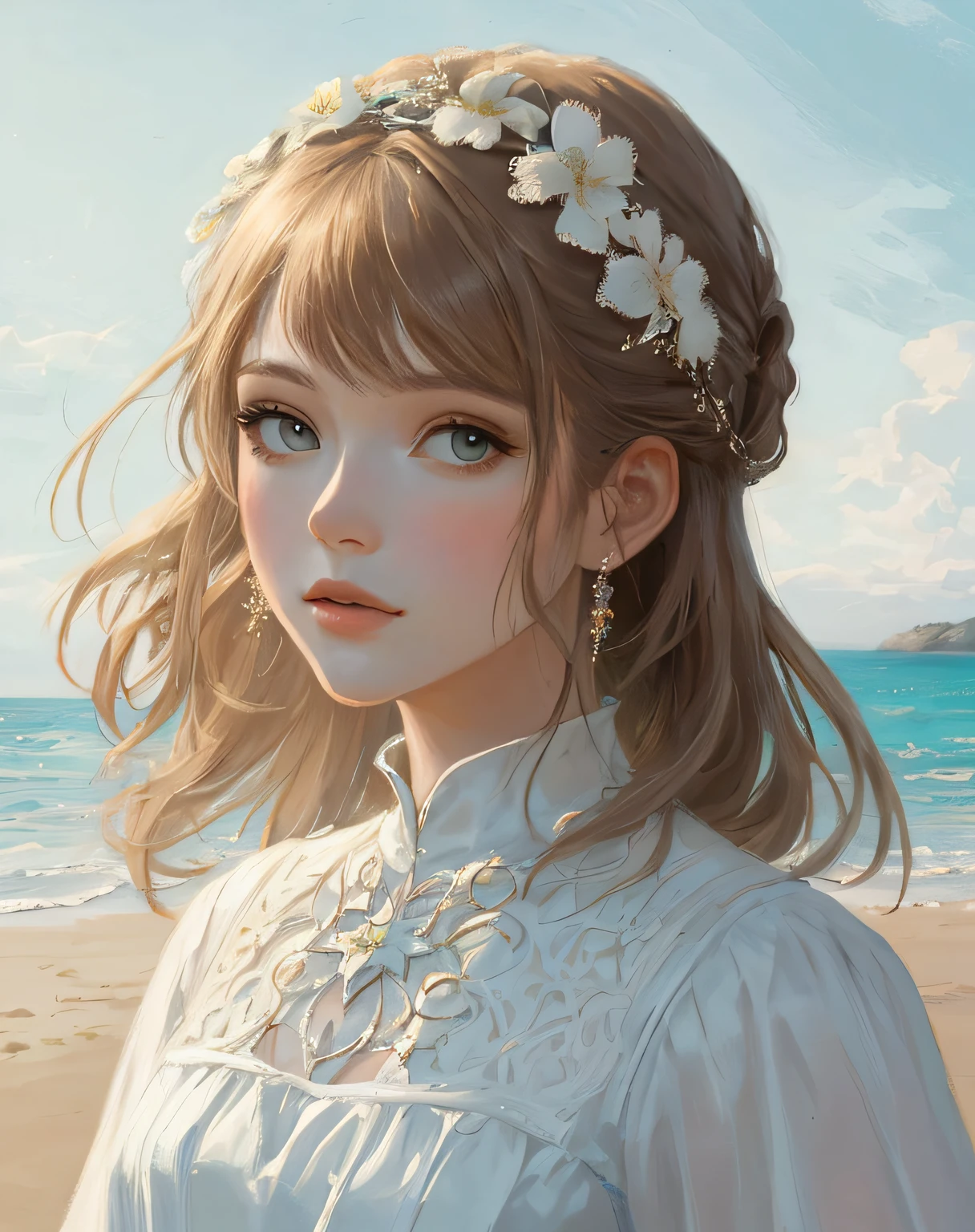artistic portrait of a beautiful woman, masterpiece,beach scene,white dress,close up