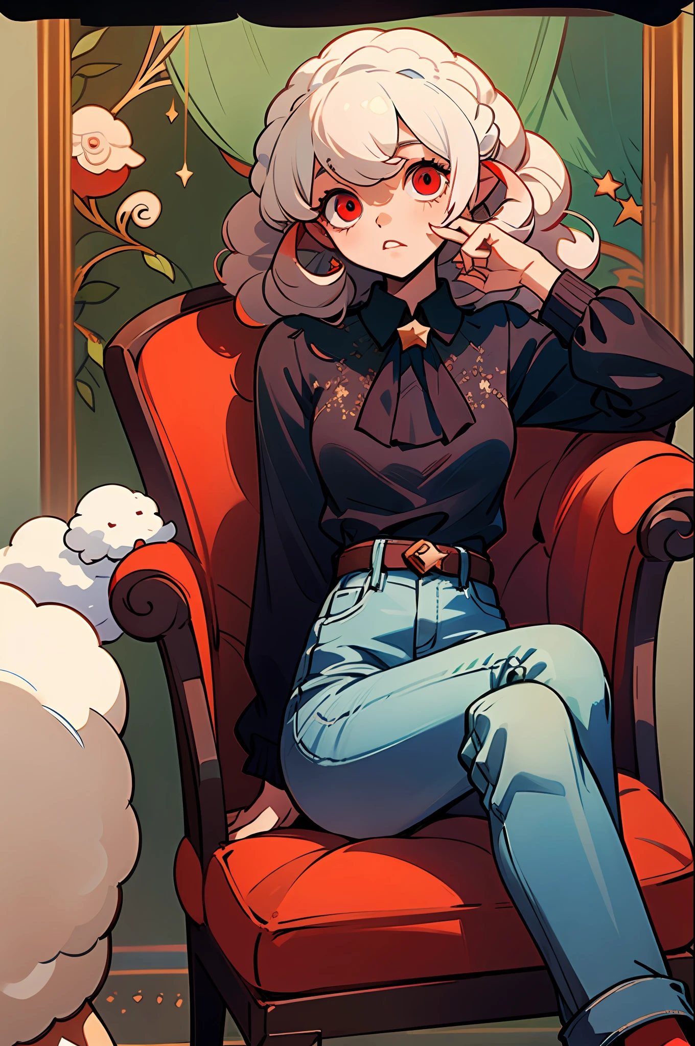 Girl sheep loli,curly hair,(wearing a wool blouse:1.4), ((red eyes):1.3),jeans, black boot, sexy pose, looking at the viewer, in the (star room) sitting in the (armchair/modern) arms propped up on the armchair, asymmetrical