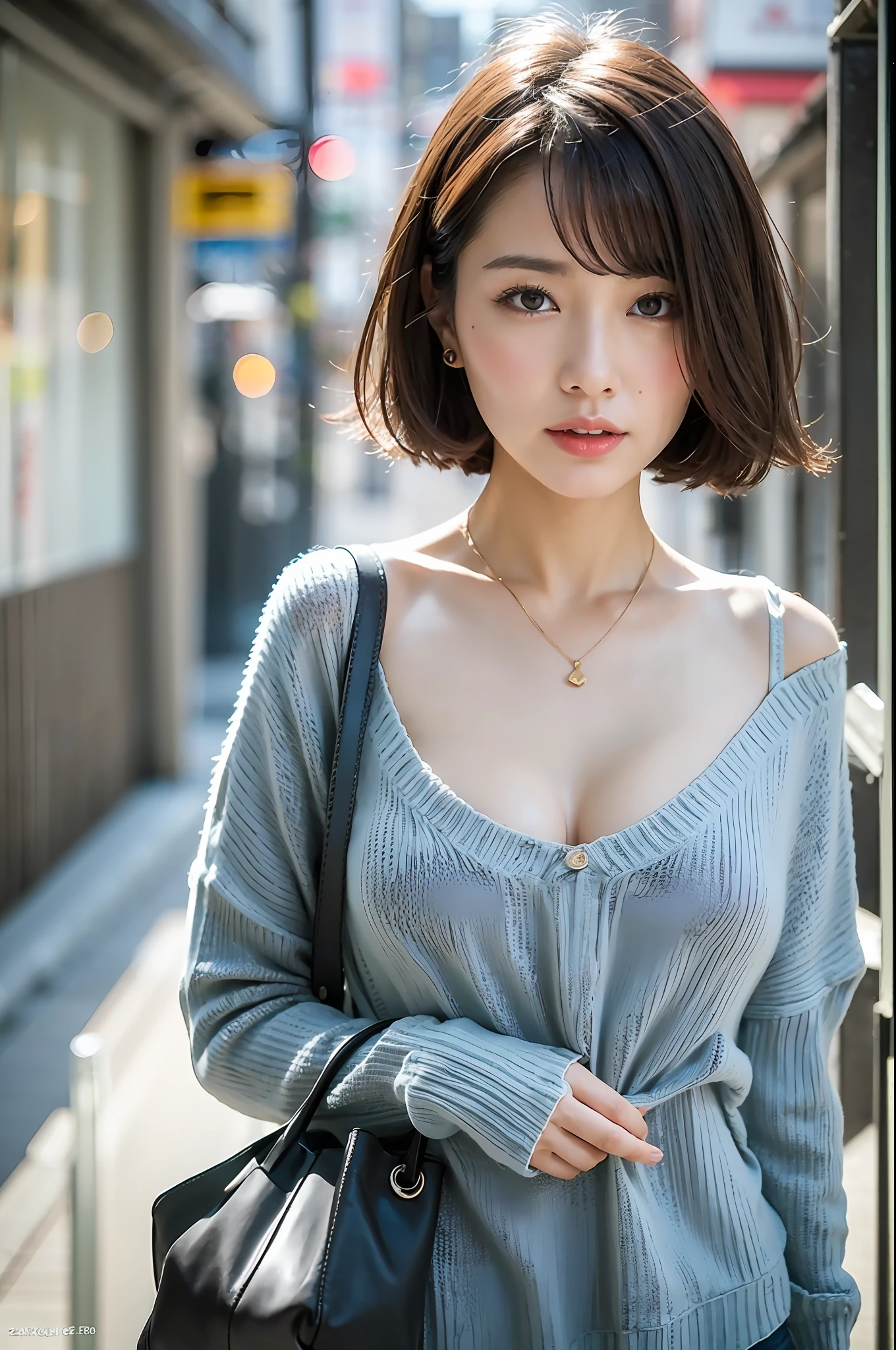 (Representative work: 1.3), (8k, Phototristic, RAW photo, Best Quality: 1.4), Attractive, Ultra High Quality, Ultra Realistic, High Quality, Photo of cute Japan woman, big breasts, T-shirt, thin string bag hanging from shoulder to chest, very short bob hair, upper body, face focus, (oversized_sweater, :1.1) necklace, look at the viewer, t-shirt, extreme breast bulge, bag hanging diagonally between breasts,